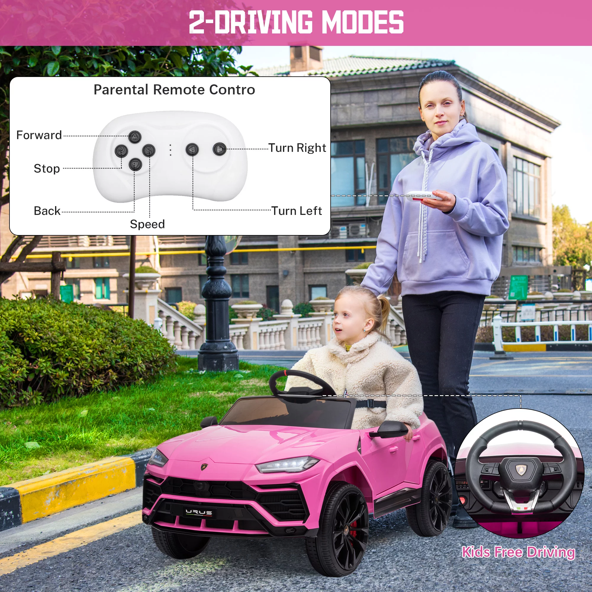 Seizeen 12V Kids Ride On Cars Battery Powered, Lamborghini Ride on Toy w/ Remote Control, 3 Speeds, Music Player, Ride On Cars for Kids As Best Gift for Girls Boys, Pink - Womvr