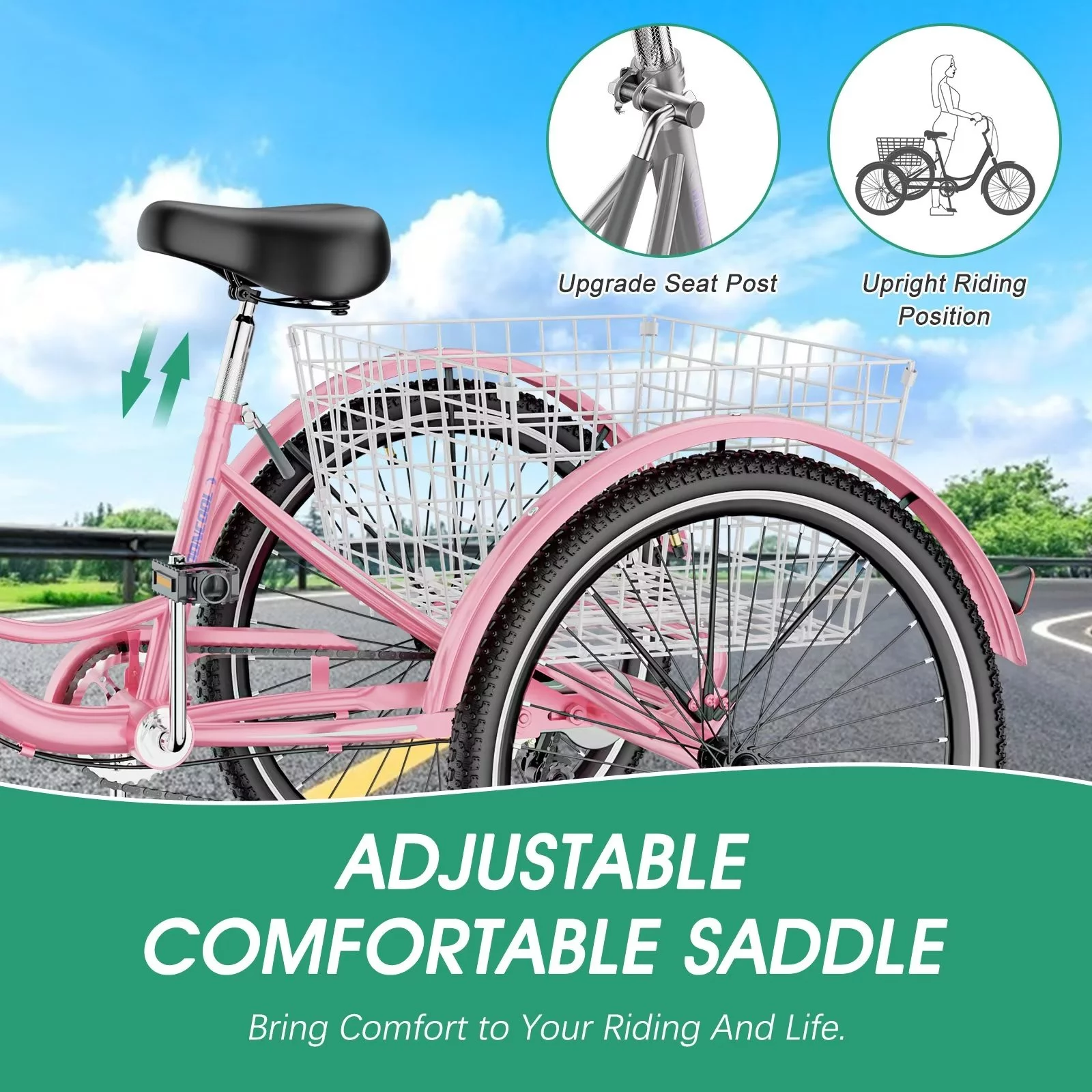 MOPHOTO Adult Tricycle 20/24/26 inch 3 Wheel Bicycle,3 Wheel Bikes for Adults,7 Speed Low Stepover Frame Tricycle with Basket/Bell,3 Wheel Bicycle for Seniors,Women,Men - Womvr