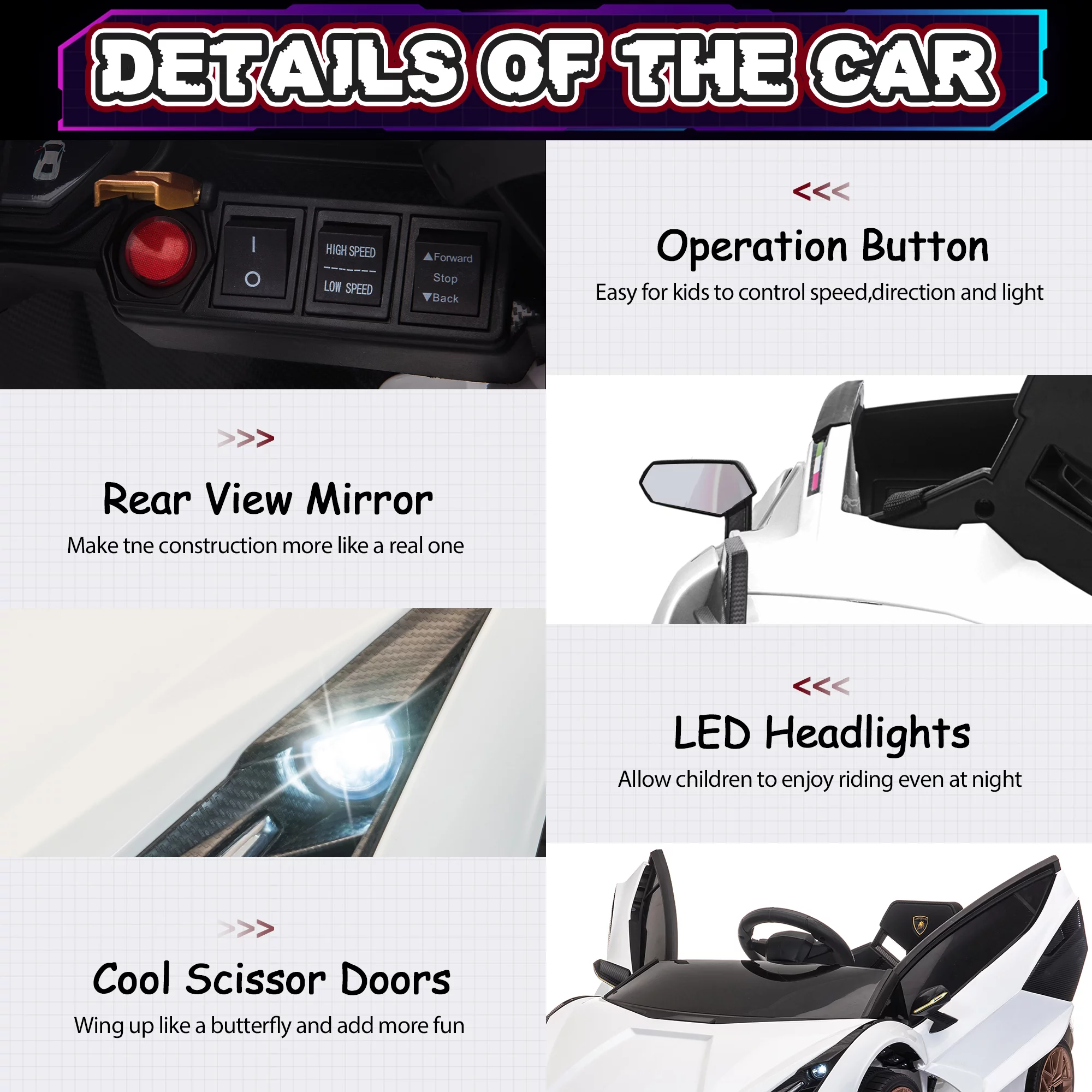 TOBBI 24V Lamborghini STO Licensed Kids Ride on Drift Car Gray Electric Car W/Remote Control LED Lights, up to 10 mph - Womvr