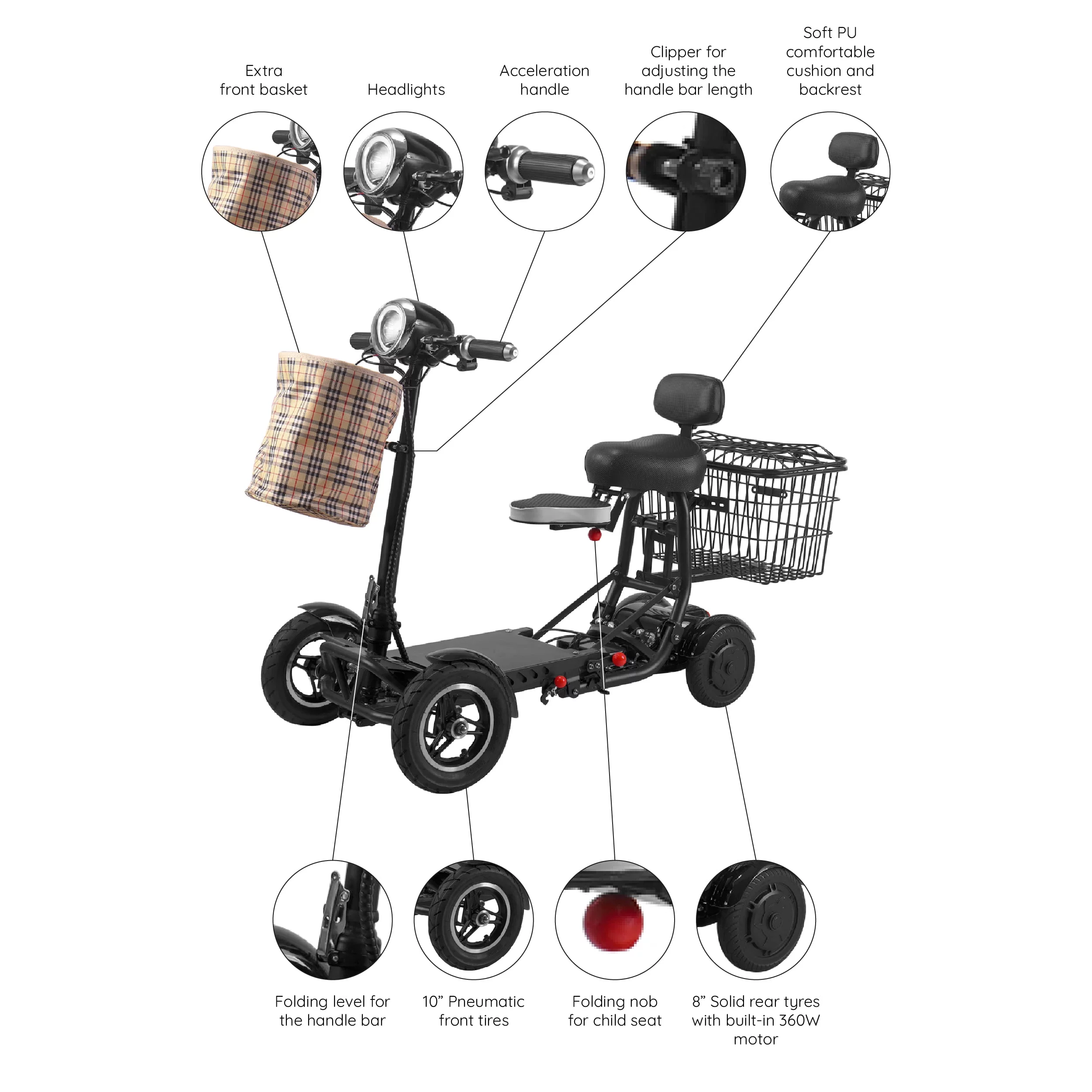 Smart Lightweight Electric Power Scooter, 4 Wheels Foldable Double Seats - Womvr