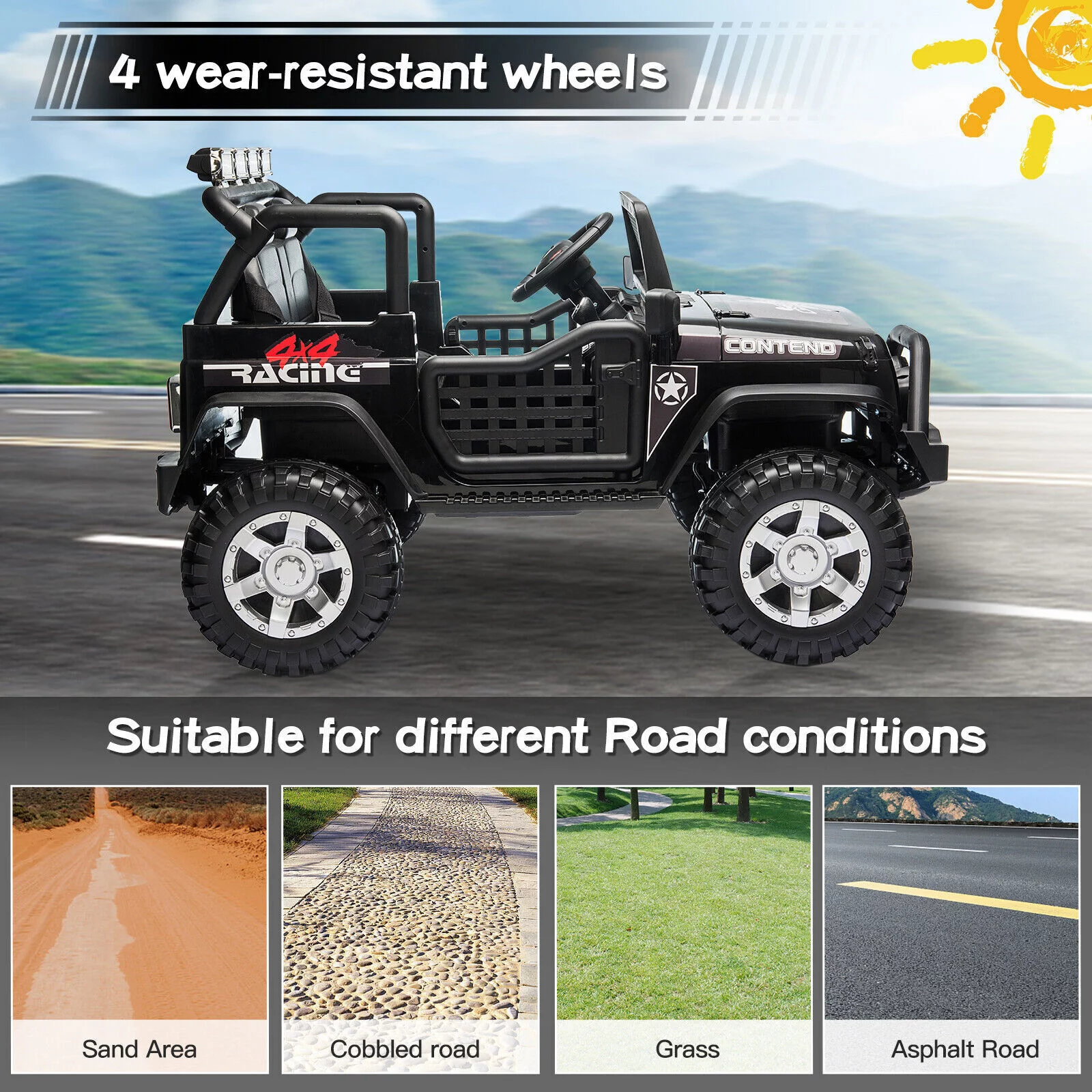 Dazone 12V Kids Ride on Jeep Car, Electric 2 Seats Off-road Jeep Ride on Truck Vehicle with Remote Control, LED Lights, MP3 Music, Black - Womvr