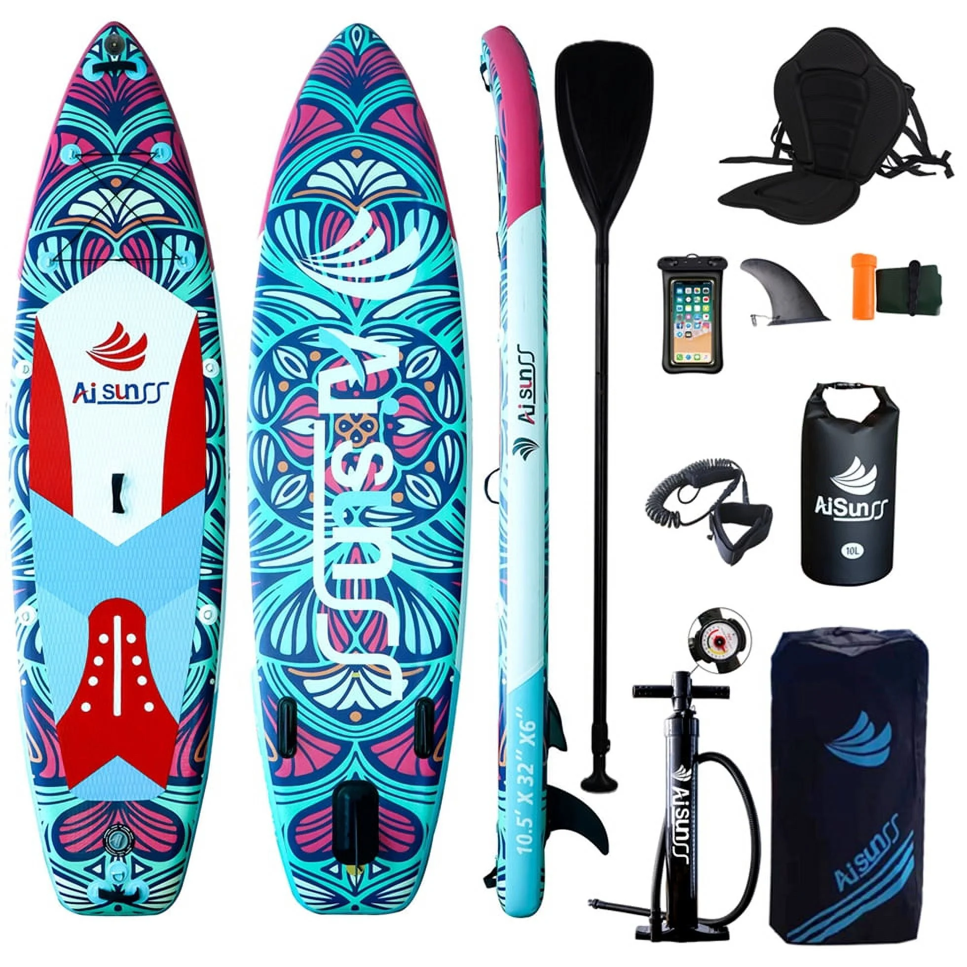 AISUNSS Inflatable Paddle Board Stand up Paddle Board SUP .Accessories Include Non-Slip mat, safety Leash, Waterproof Phone Bag, Double Action Pump, Adjustable Aluminum Paddle - Womvr