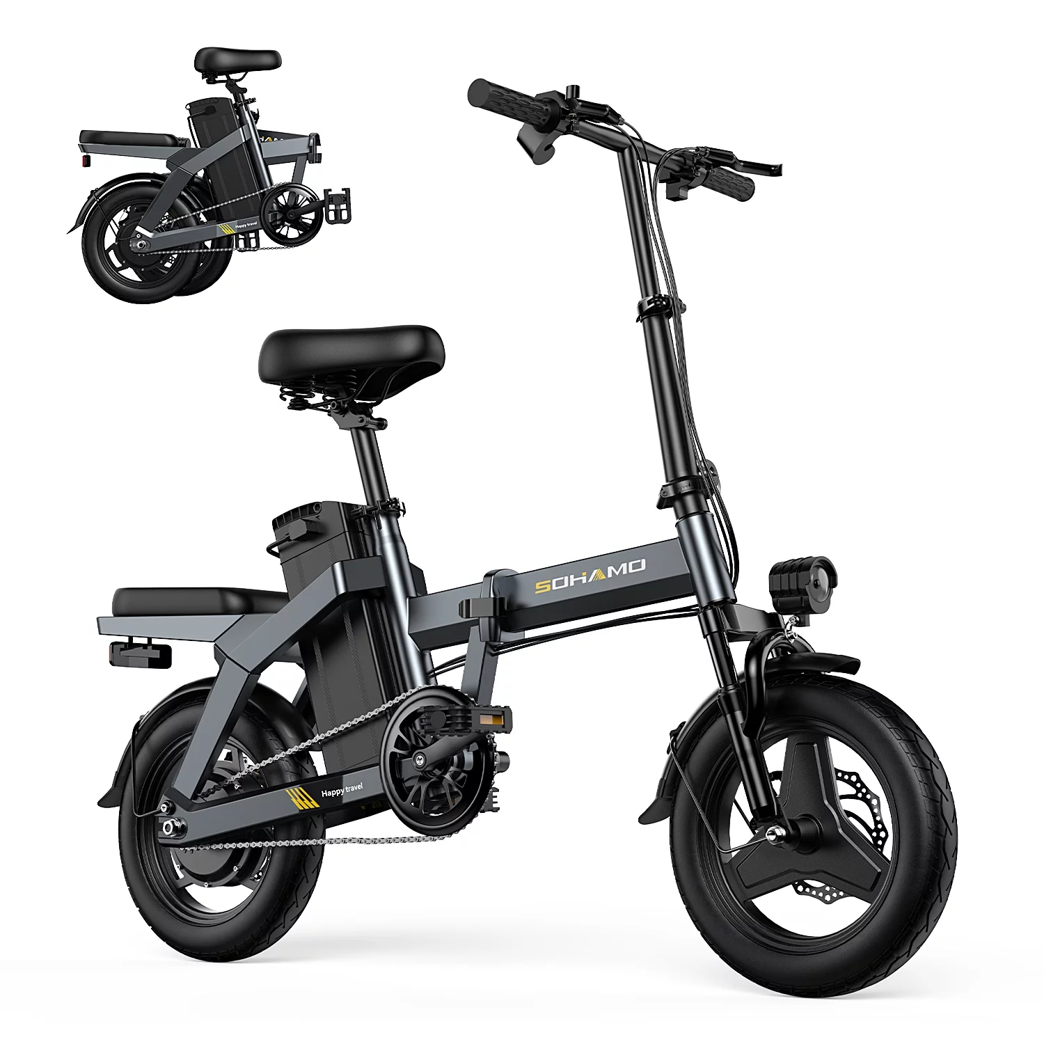 SOHAMO A3 Electric Bike for Adults and Teens, 400W Motor Folding Electric Bicycles, 48V 12Ah Removable Battery, Mini E-Bike, Full Suspension, 3 Working modes - Womvr