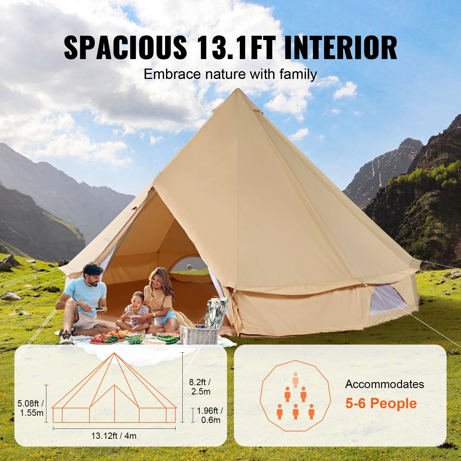 SKYSHALO Canvas Bell Tent 4m/13.12ft 4-Season Camping Yurt Tent with Stove Jack - Womvr