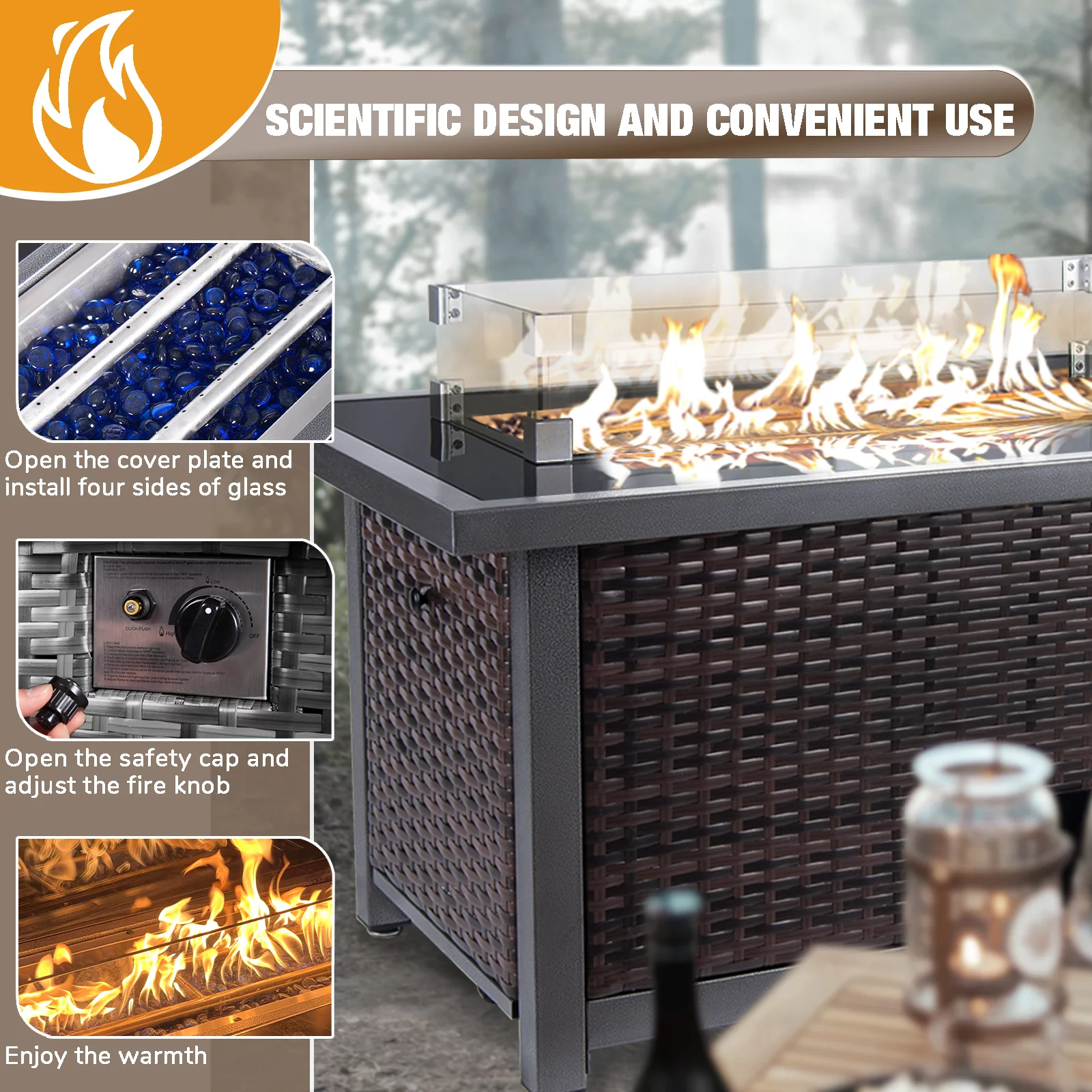 Polar Aurora Propane Fire Pit Table, 50,000 BTU Auto-Ignition Fire Pit with Wind Guard - Womvr