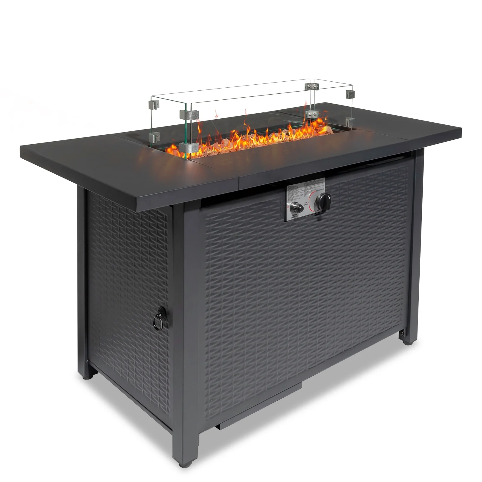 43.3 inch Gas Fire Pit Table, SYNGAR 2-in-1 50,000 BTU Propane Gas Fire Pit Table, Outdoor Propane Fire Pit with Glass Wind Guard, Blue Rocks and Lid, for Patio, Backyard, Garden, Poolside, D4620 - Womvr