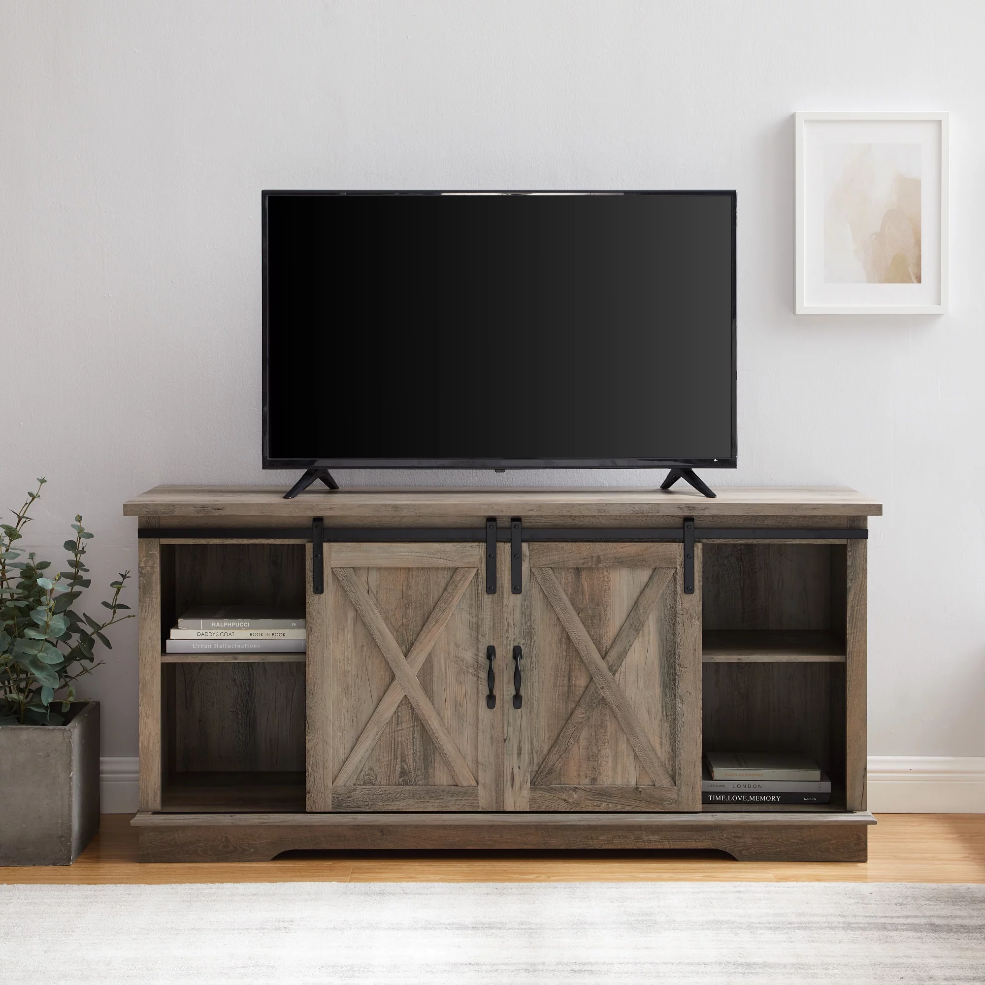Woven Paths Farmhouse Sliding Barn Door TV Stand for TVs up to 65