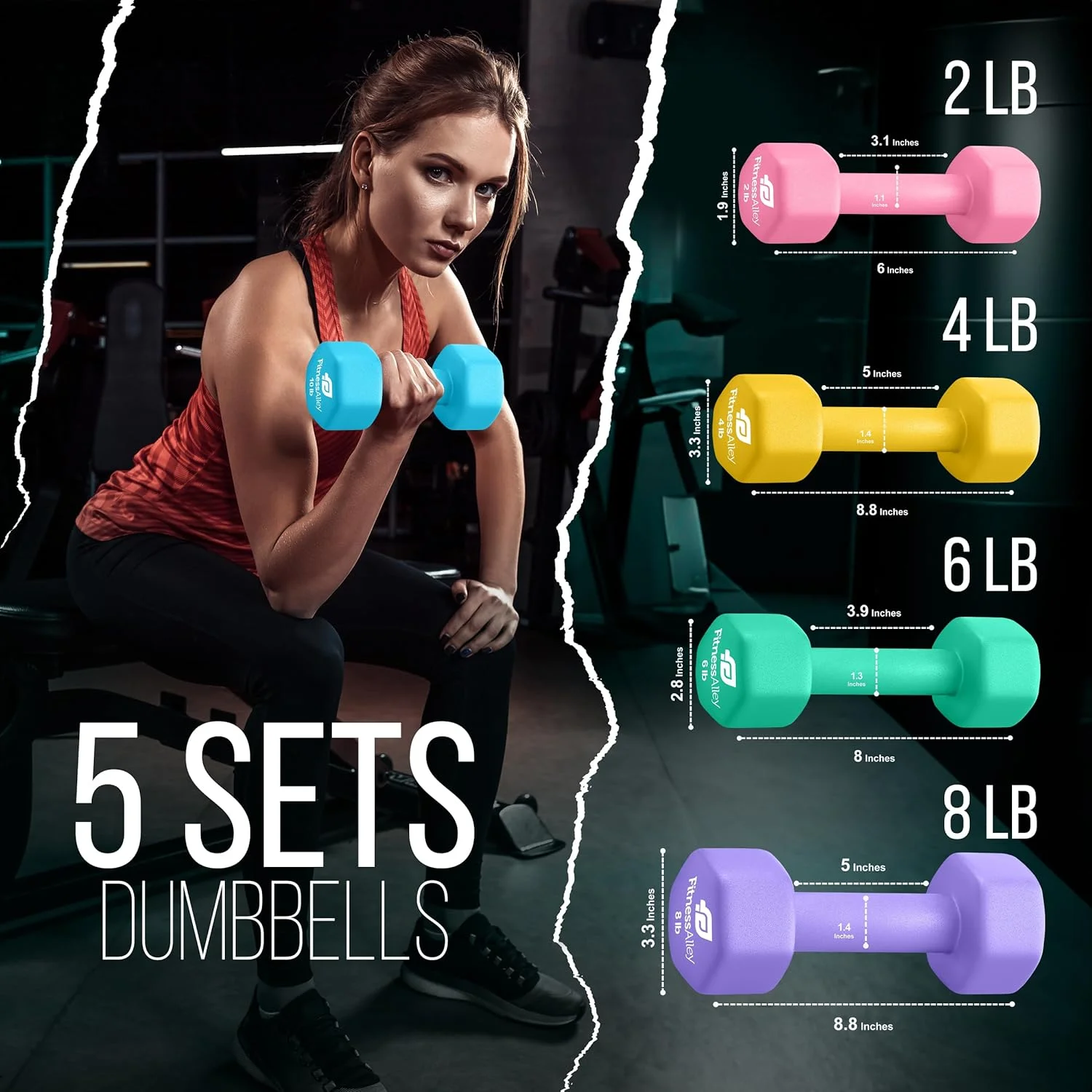 Fitness Alley Neoprene Workout Dumbbells - Non Slip, Anti Roll Exercise & Fitness Dumbbells Combo - Hex Shaped Hand weights for Men & Women(2, 4, 6, 8, & 10lb Dumbbells) - Womvr