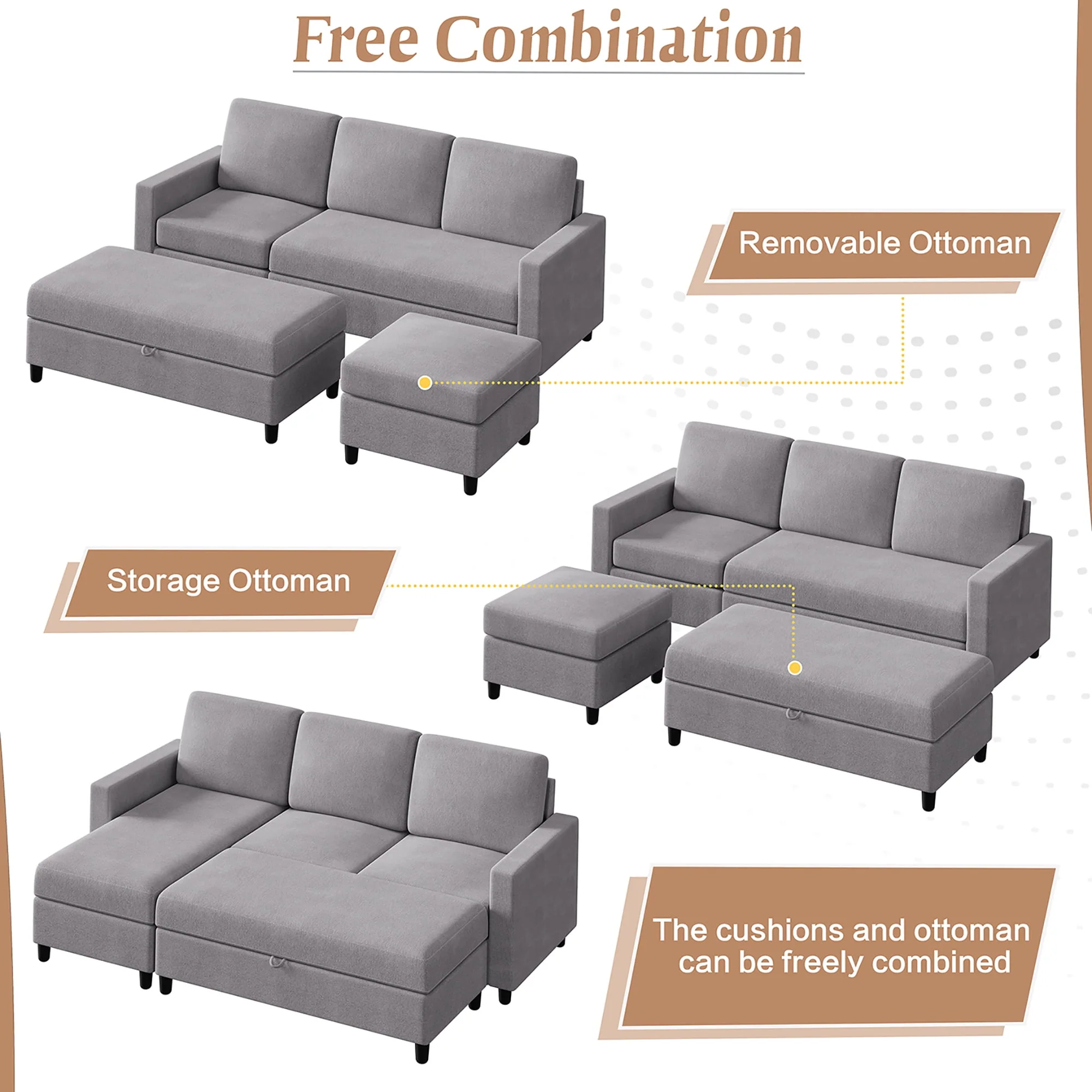 Walsunny Convertible Sectional L-Shaped Sofa with Modern Linen Fabric(Grayish Black) - Womvr