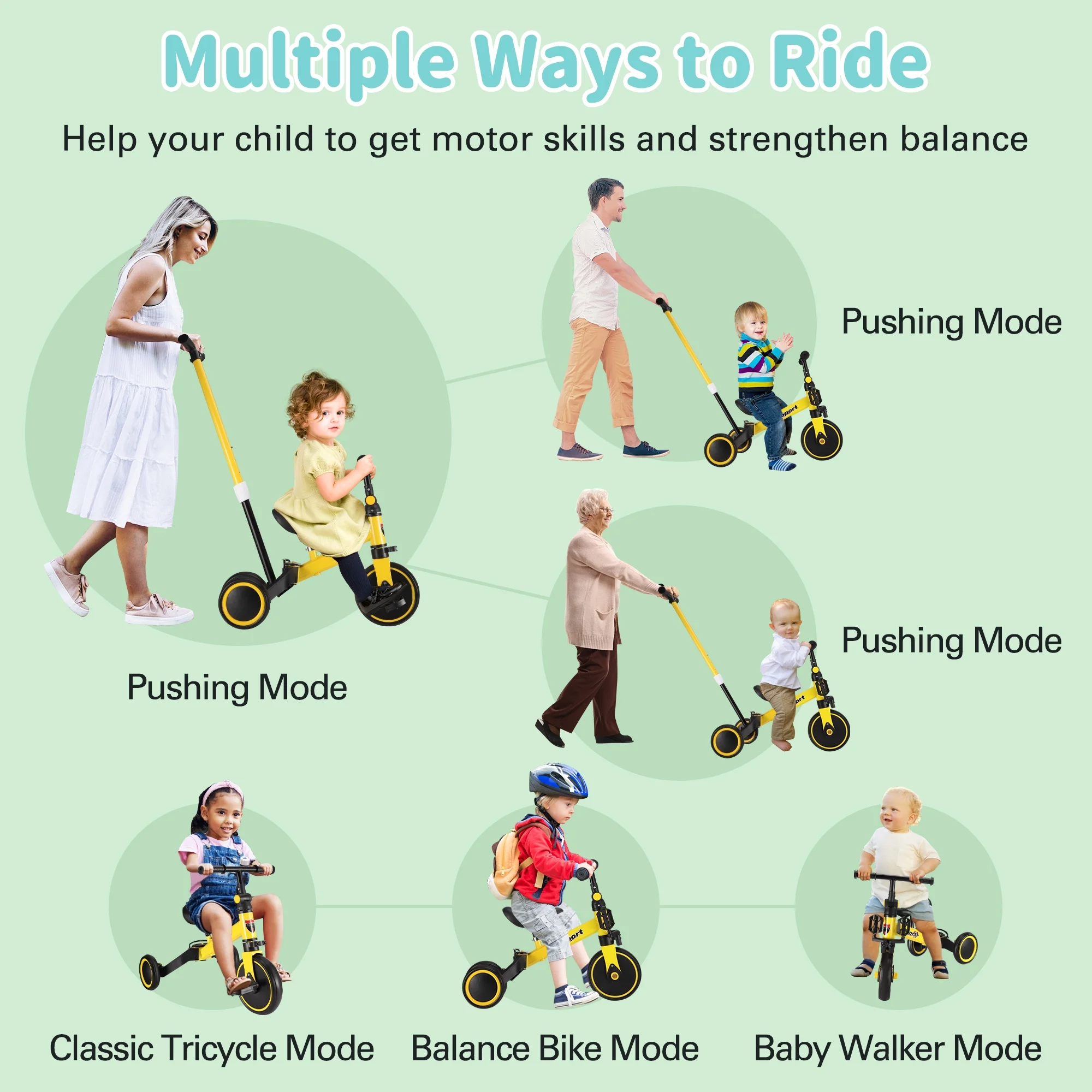 RELOIVE 6 in 1 Kids Tricycle for 1-5 Years Old,Toddler Bike Kids Trike for Balance Training,Baby Bike for Boy Girl with Adjustable Seat Height and Removable Pedal,Yelllow - Womvr