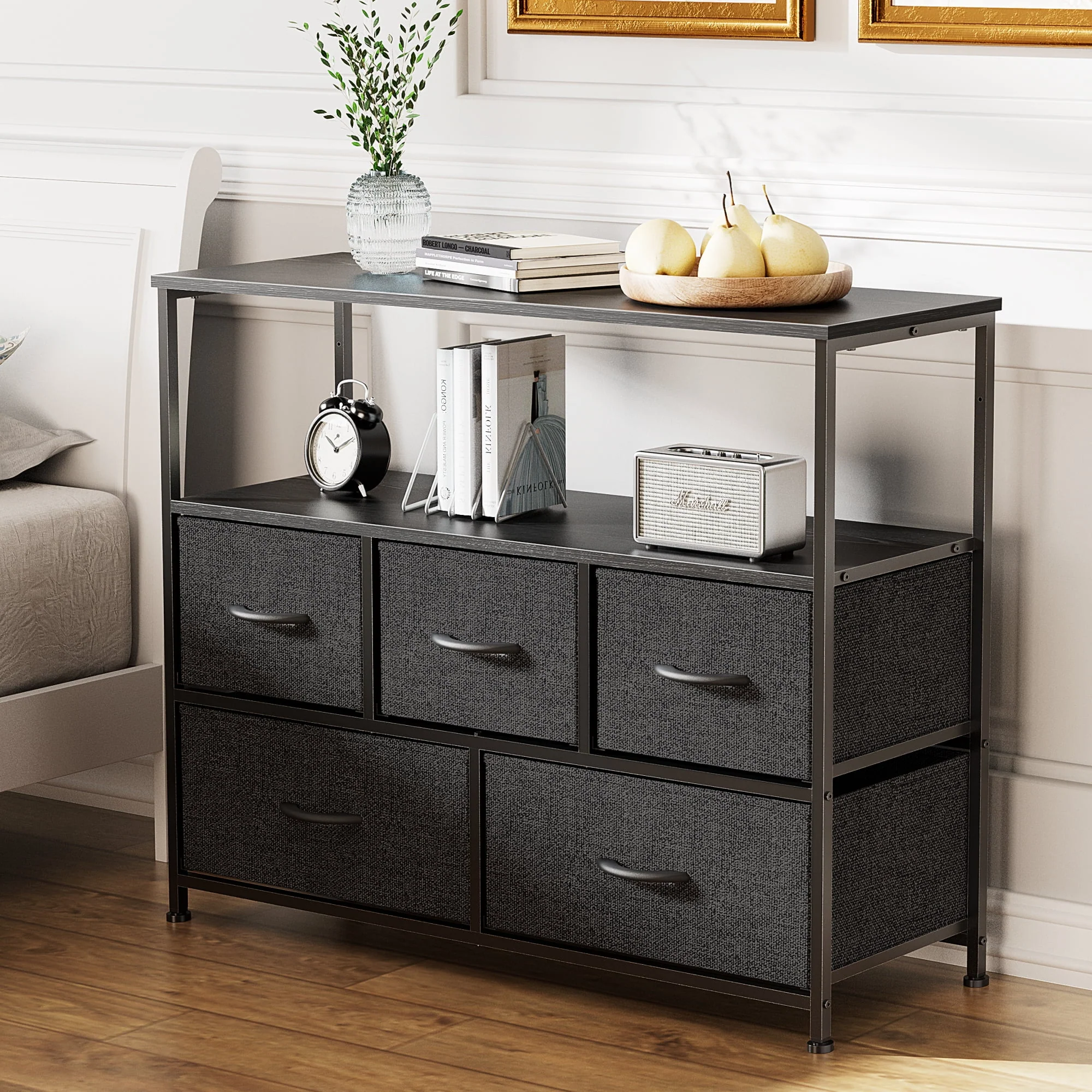 EDX 5 Drawer Dresser, Wide Chest Of Drawers Nightstand Storage Tower Storage Dresser Fabric Dresser With Wood Top for Living Room, Bedroom, Hallway, Nursery, Rustic Brown - Womvr