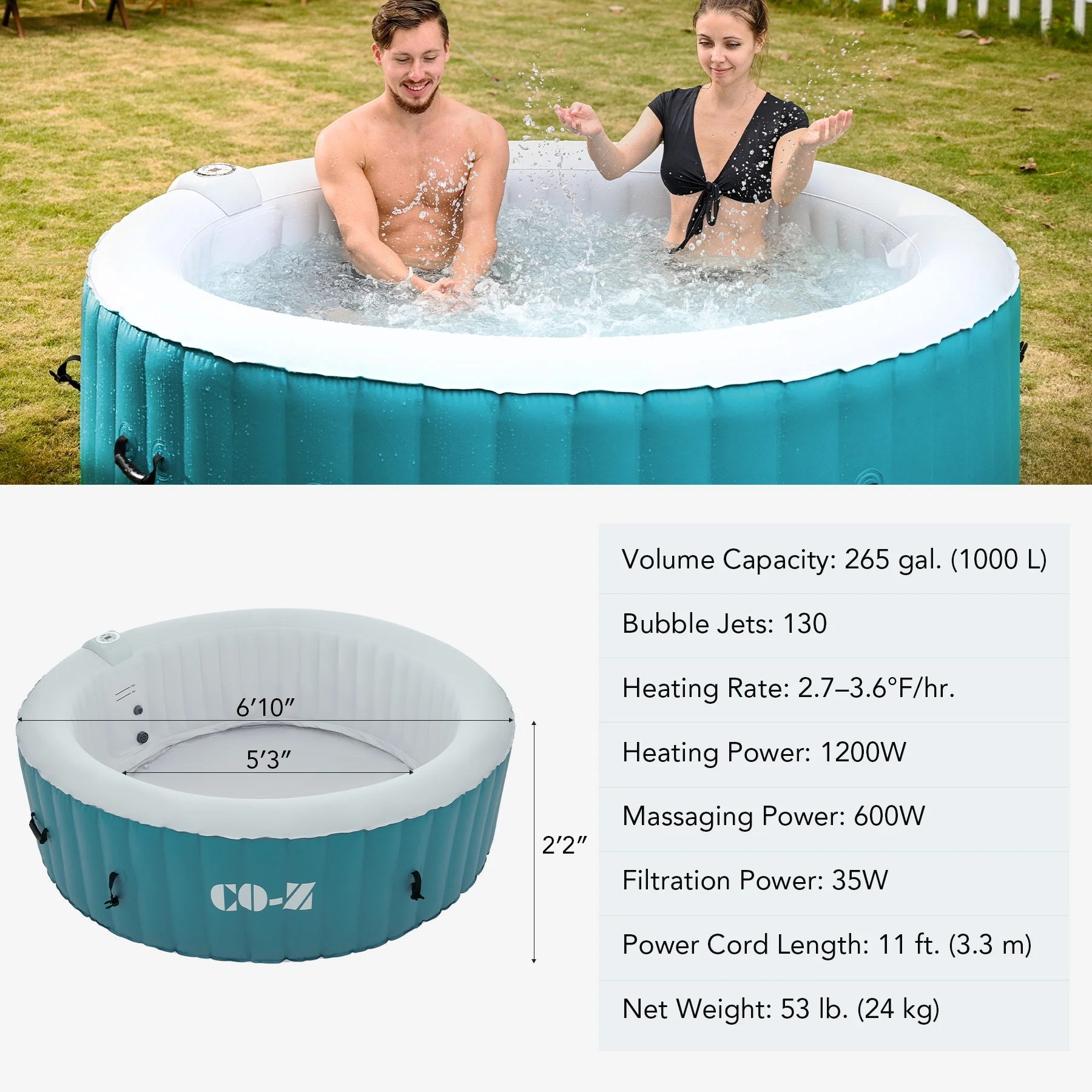 CO-Z 4-6 Person 7' Blow-Up Hot Tub with 130 Air Jets Cover Electric Pump Portable Pool, Gray - Womvr