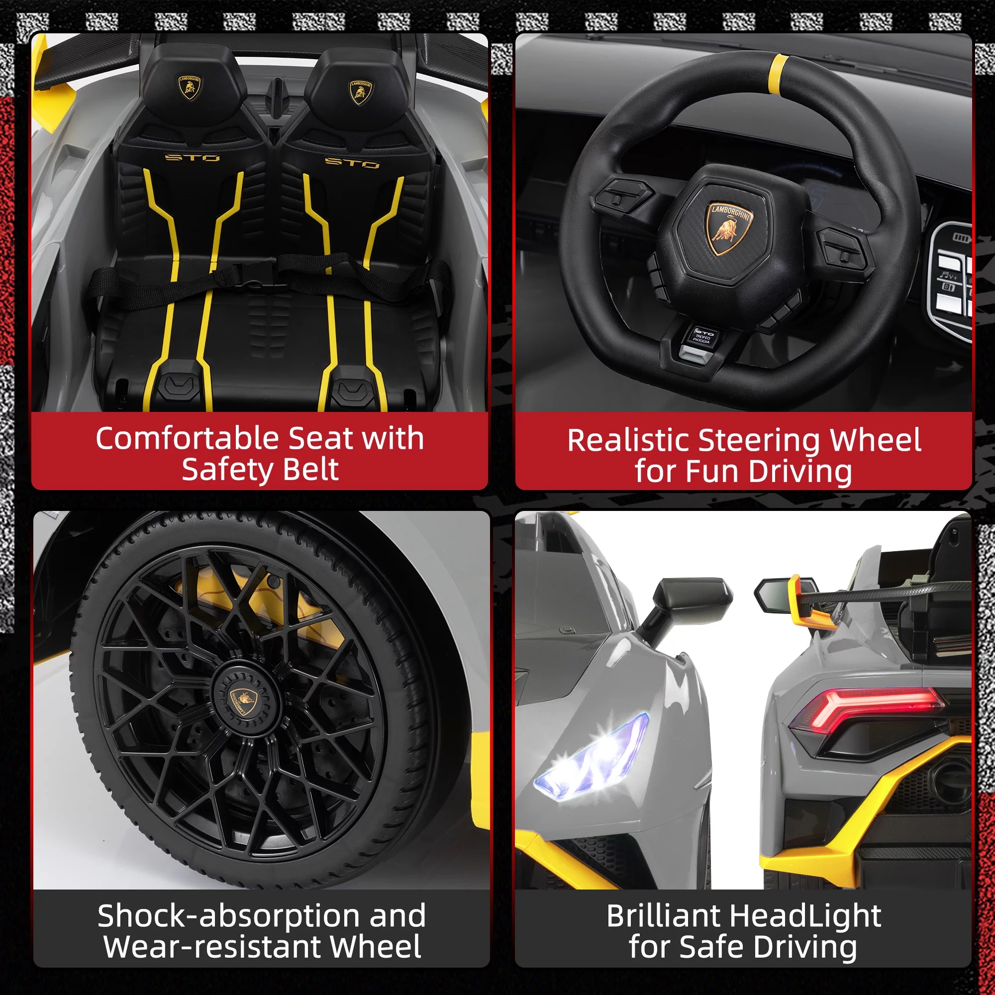 TOBBI 24V Lamborghini STO Licensed Kids Ride on Drift Car Gray Electric Car W/Remote Control LED Lights, up to 10 mph - Womvr