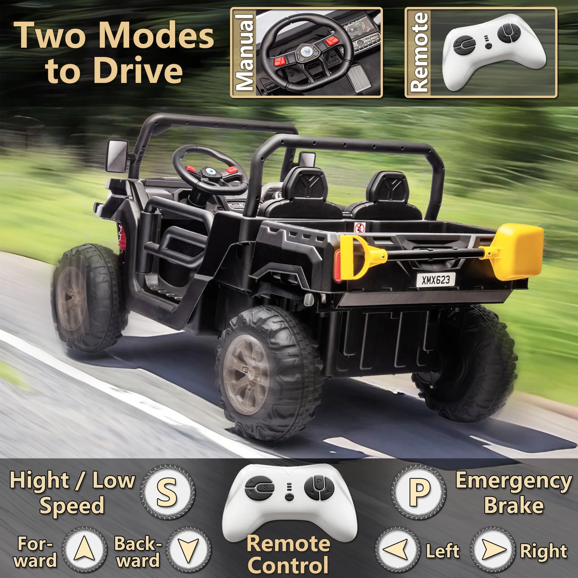 24V 2 Seater Ride on Toys, Ride On UTV with 2x200W Motor Ride On Dump Truck, Ride On Car with Dump Bed/Shovel, Electric Vehicle with Rubber Tires, LED Light, Music, Remote Control, Black - Womvr