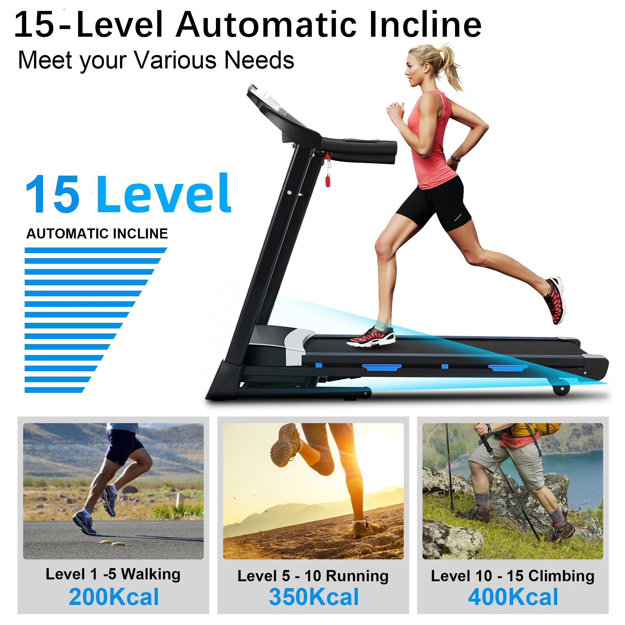 Tikmboex 17'' Folding Treadmill with 15-Level Auto Incline 9.0 mph Speed 12 Preset Program, Strong 3.25HP Motor Running Machine for Cardio Fitness , Black 300lbs - Womvr