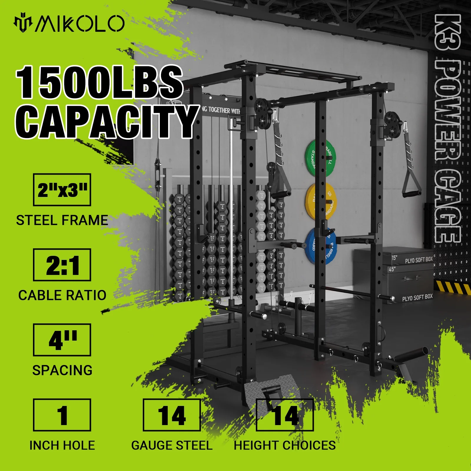 Mikolo Power Rack Cage, 1500 lbs Weight Rack with Cable Crossover Machine,Multi-Function Squat Rack with J Hooks,Dip Bars and Landmine for Home Gym (Black), Plate Loaded Machine - Womvr