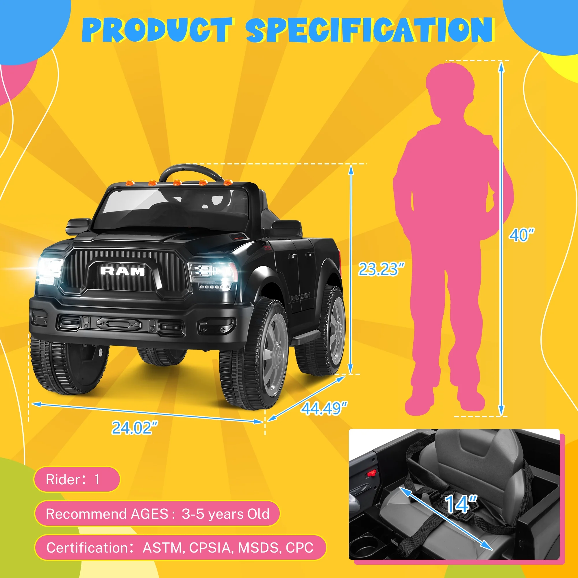 Dodge Ram Ride On Car for Kids, 12V Powered Ride On Truck Cars with Parents Remote Control,Dodge Electric Ride On Car for Boys Girls 3-5, Red - Womvr