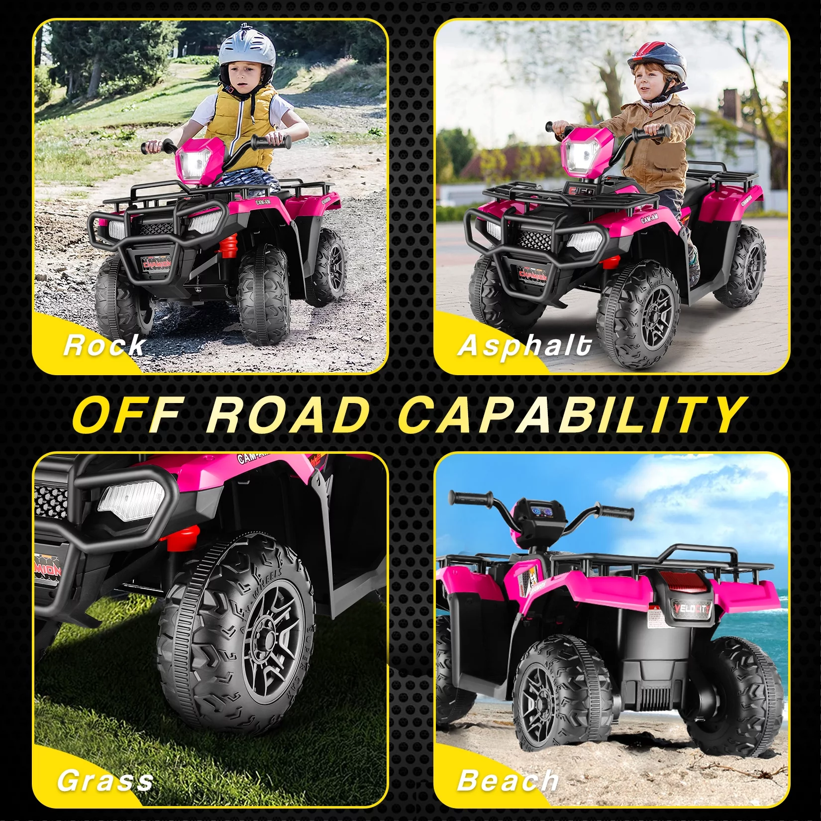 Funcid 12V Kids Ride on ATV 4-Wheeler Quad Battery Powered Electric Car with High/Low Speed, 2X30W Motor, Treaded Tires, Soft Braking, LED Light, Music, Rose Red - Womvr
