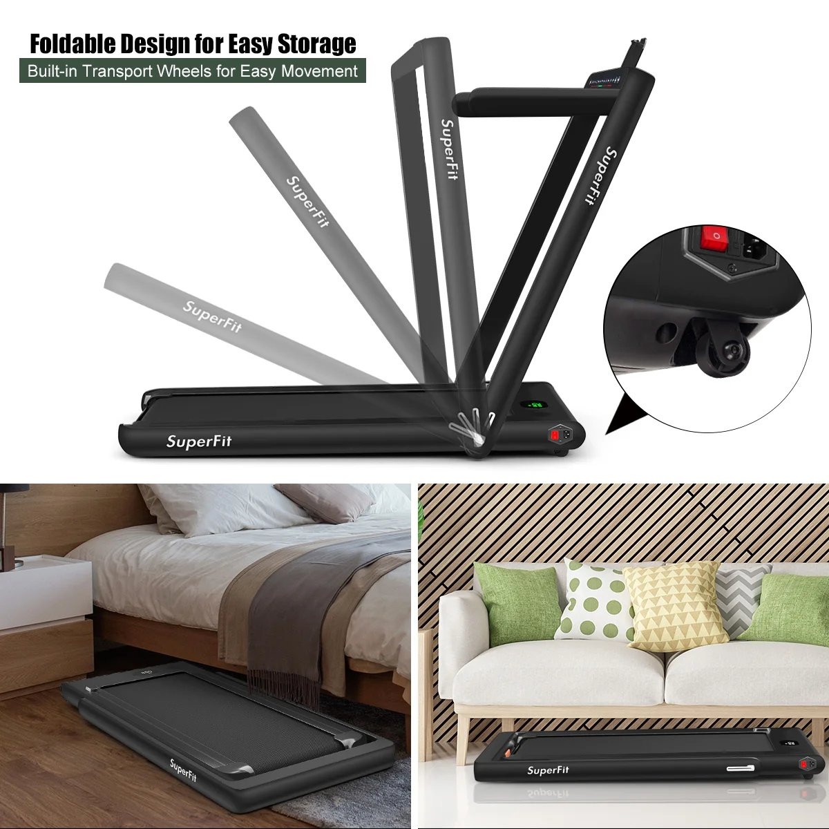 SuperFit Up To 7.5MPH 2.25HP 2 in 1 Dual Display Screen Folding Treadmill Jogging Machine W/APP Control Silver - Womvr