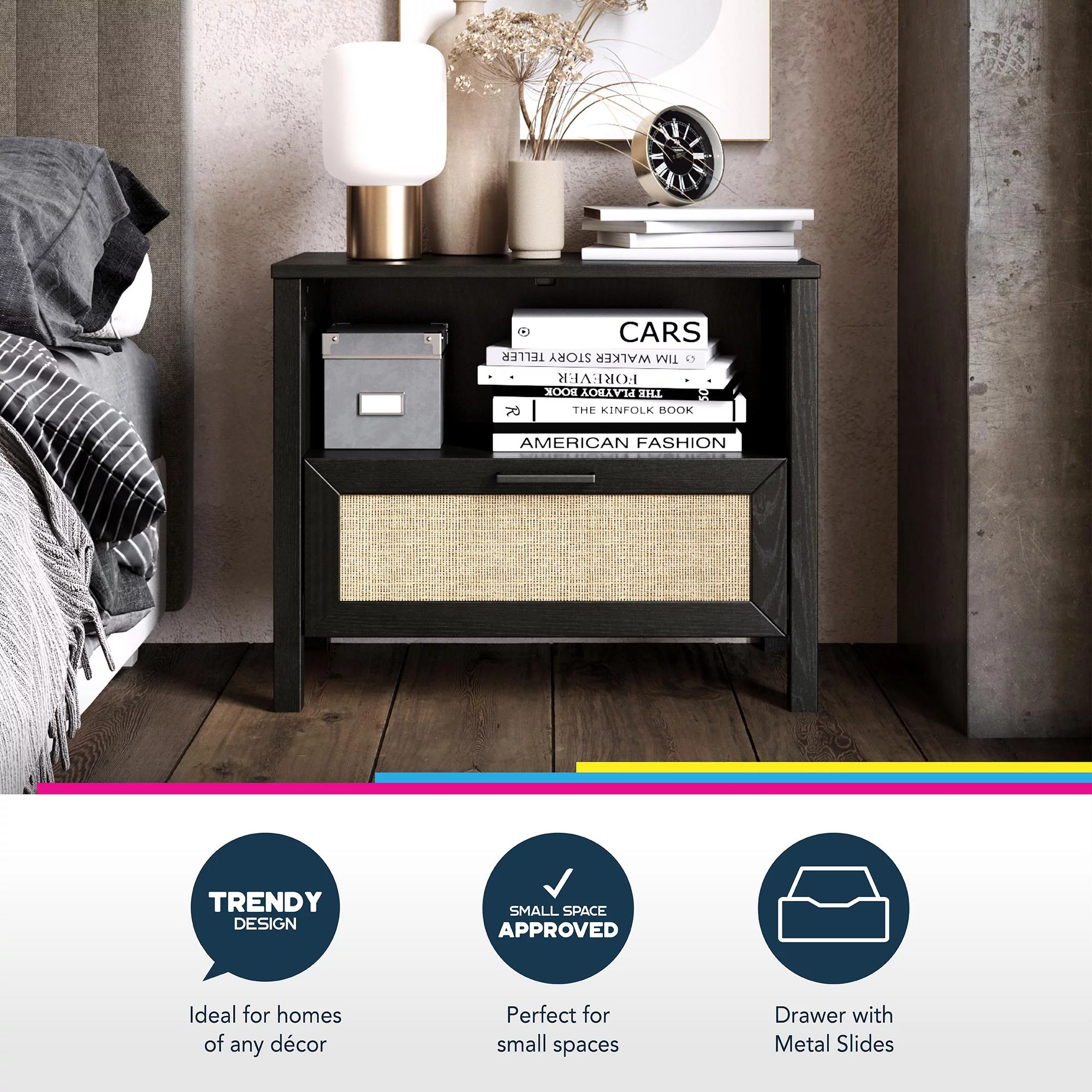 Novogratz Shay 1-Drawer Nightstand, Natural with Faux Rattan - Womvr
