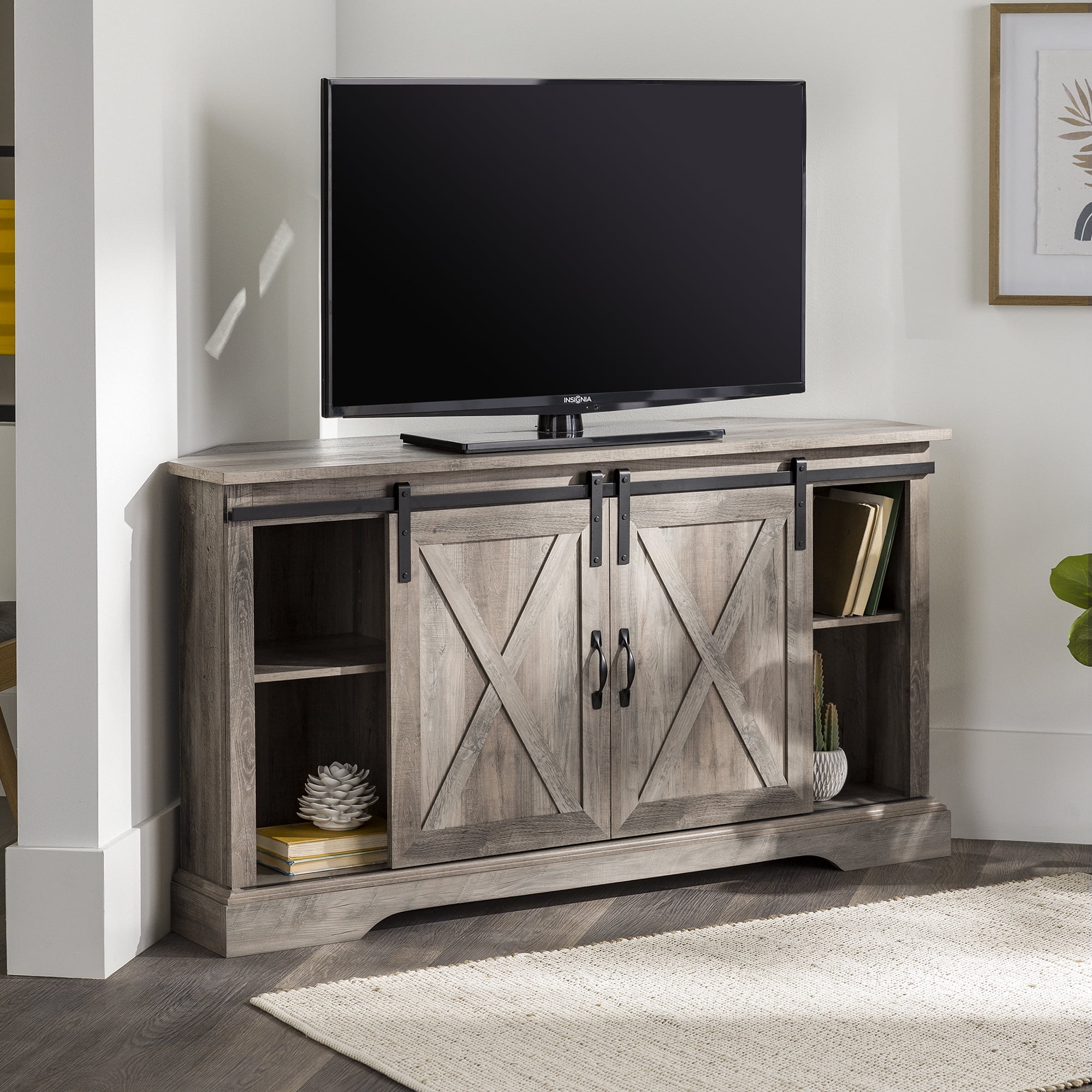 Walker Edison Modern Farmhouse Sliding Door Corner TV Stand, White Oak - Womvr