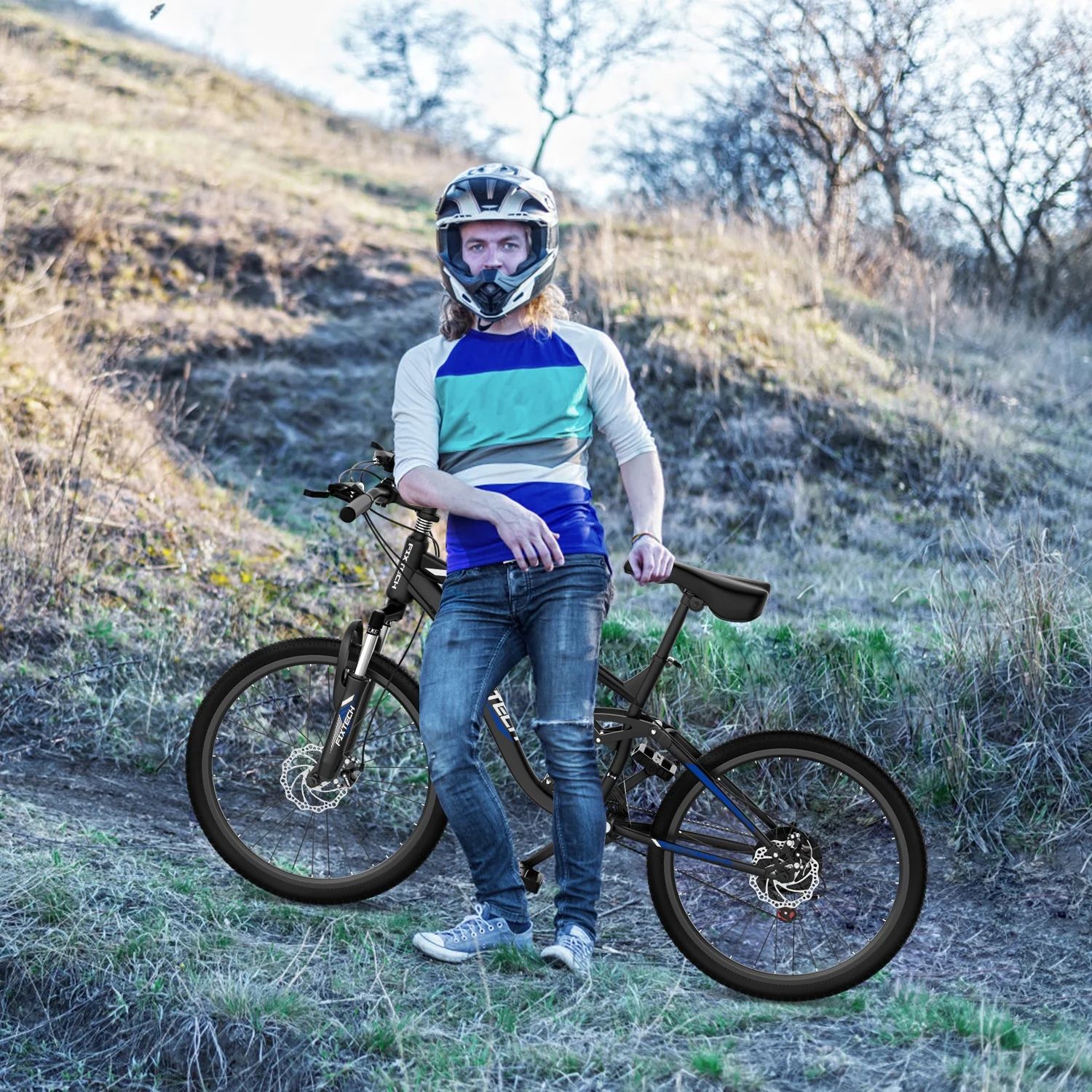 Fixtech 26-inch Mountain Bike with Full Suspension Frame, 21 Speed, Black/Blue - Womvr