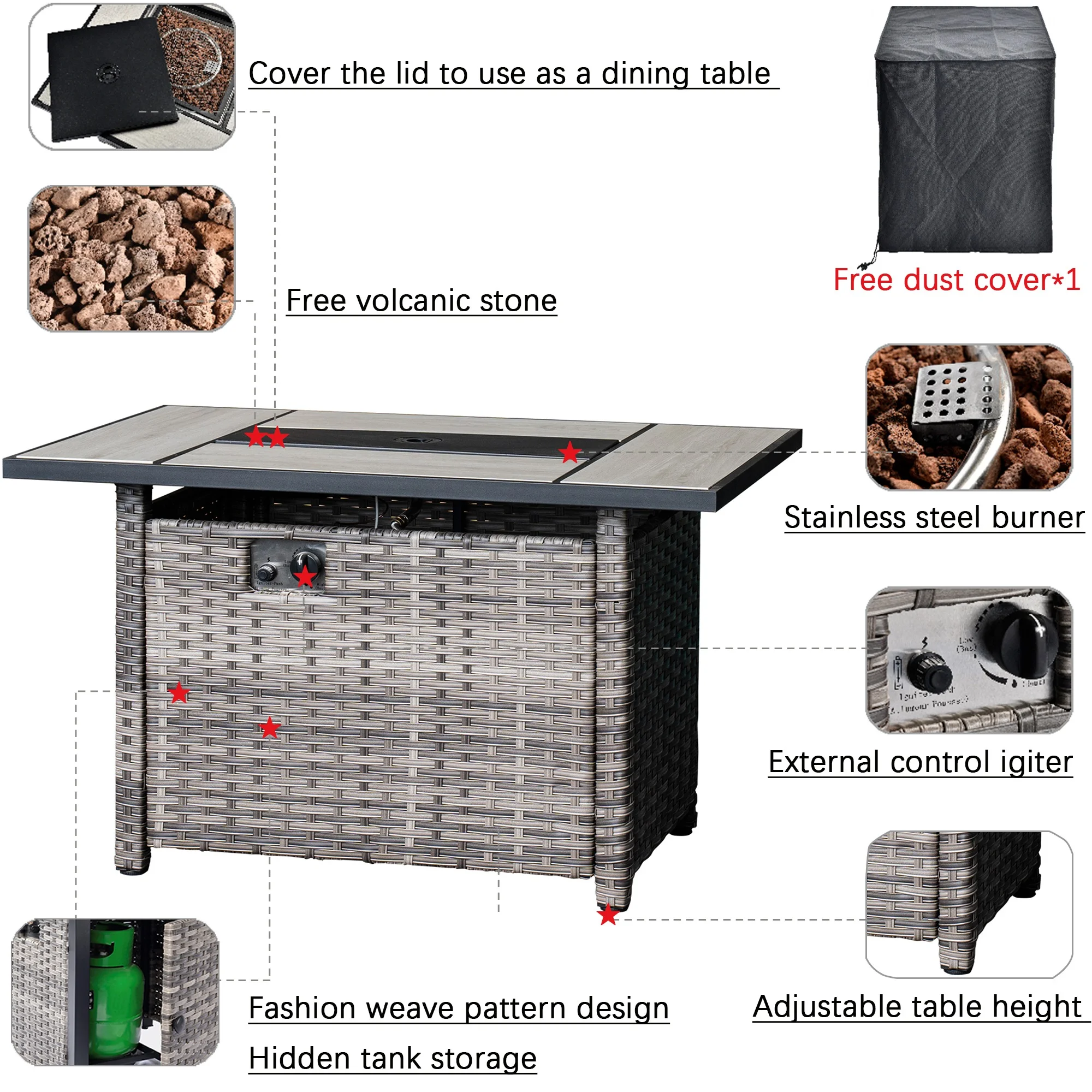 Ovios Outdoor Wicker Propane Fire Pit Table 42-Inch 50,000 BTU Flame Gas Fire Pits for Patio with Waterproof Cover & Lid Rectangle - Womvr