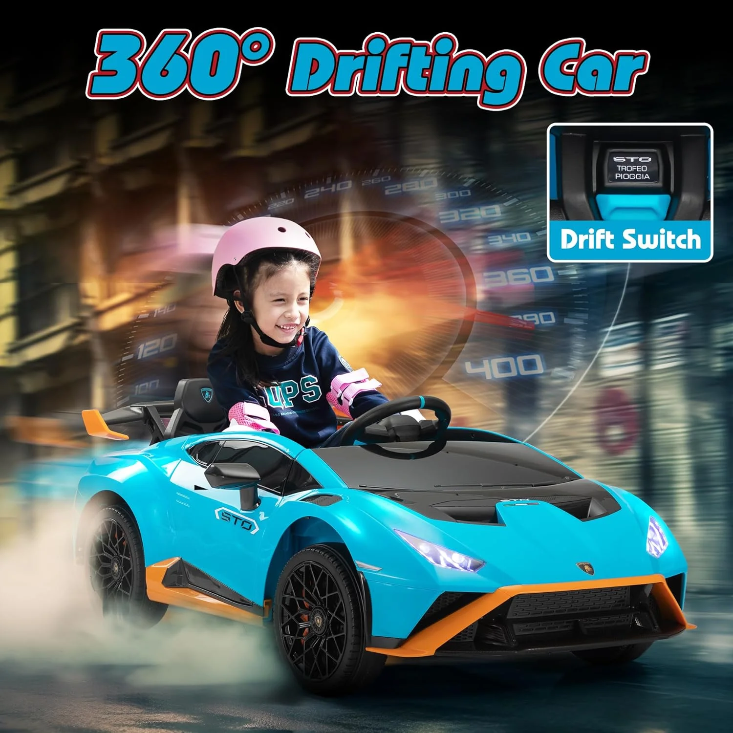 TOBBI 24V Lamborghini STO Licensed Kids Ride on Drift Car Gray Electric Car W/Remote Control LED Lights, up to 10 mph - Womvr