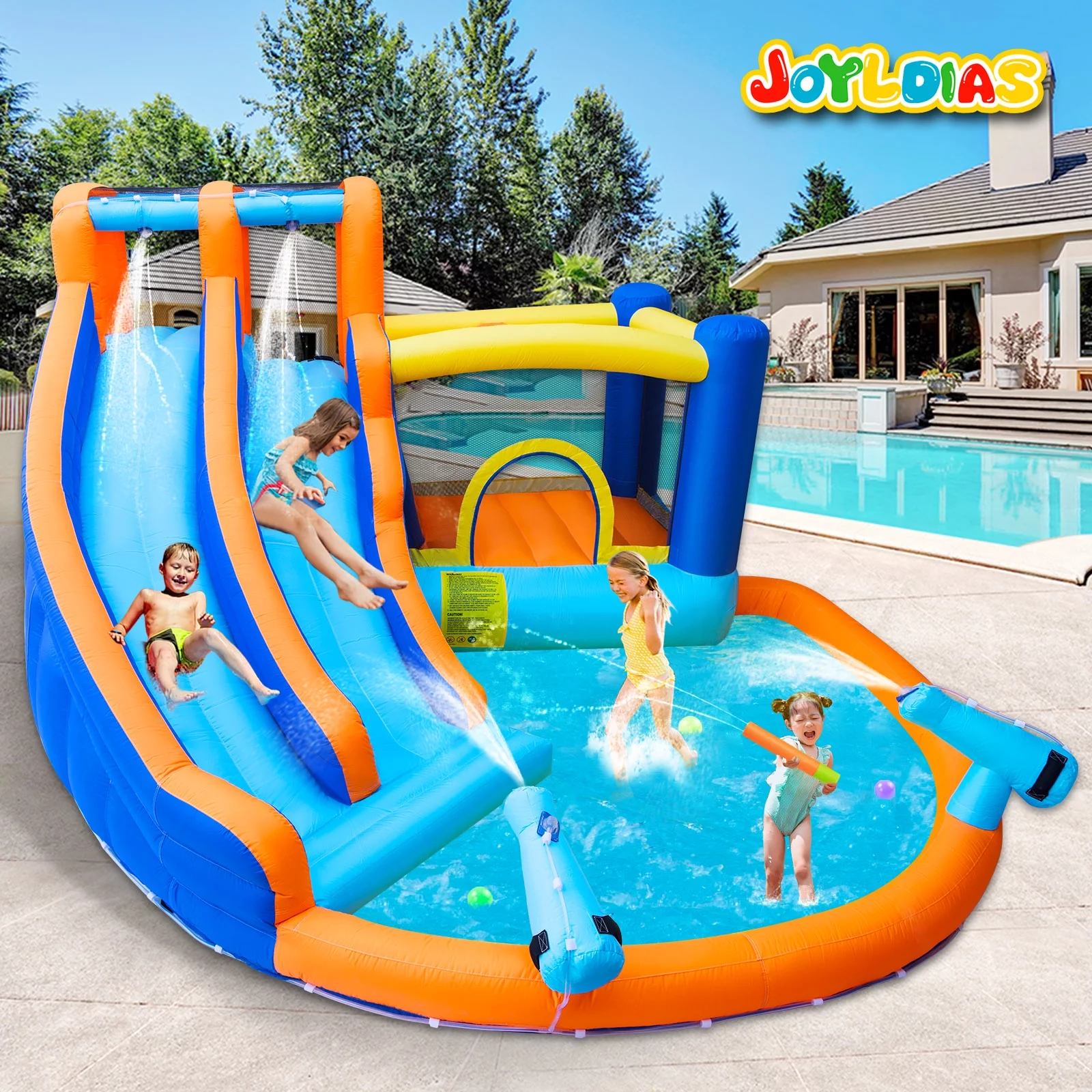 JOYLDIAS Kids Inflatable Water Slide Giant Water Park Double Slide Bouncer Playhouse Castle with 4 Water Guns, Pool, Jump Area, Climbing Wall, Air Blower - Womvr