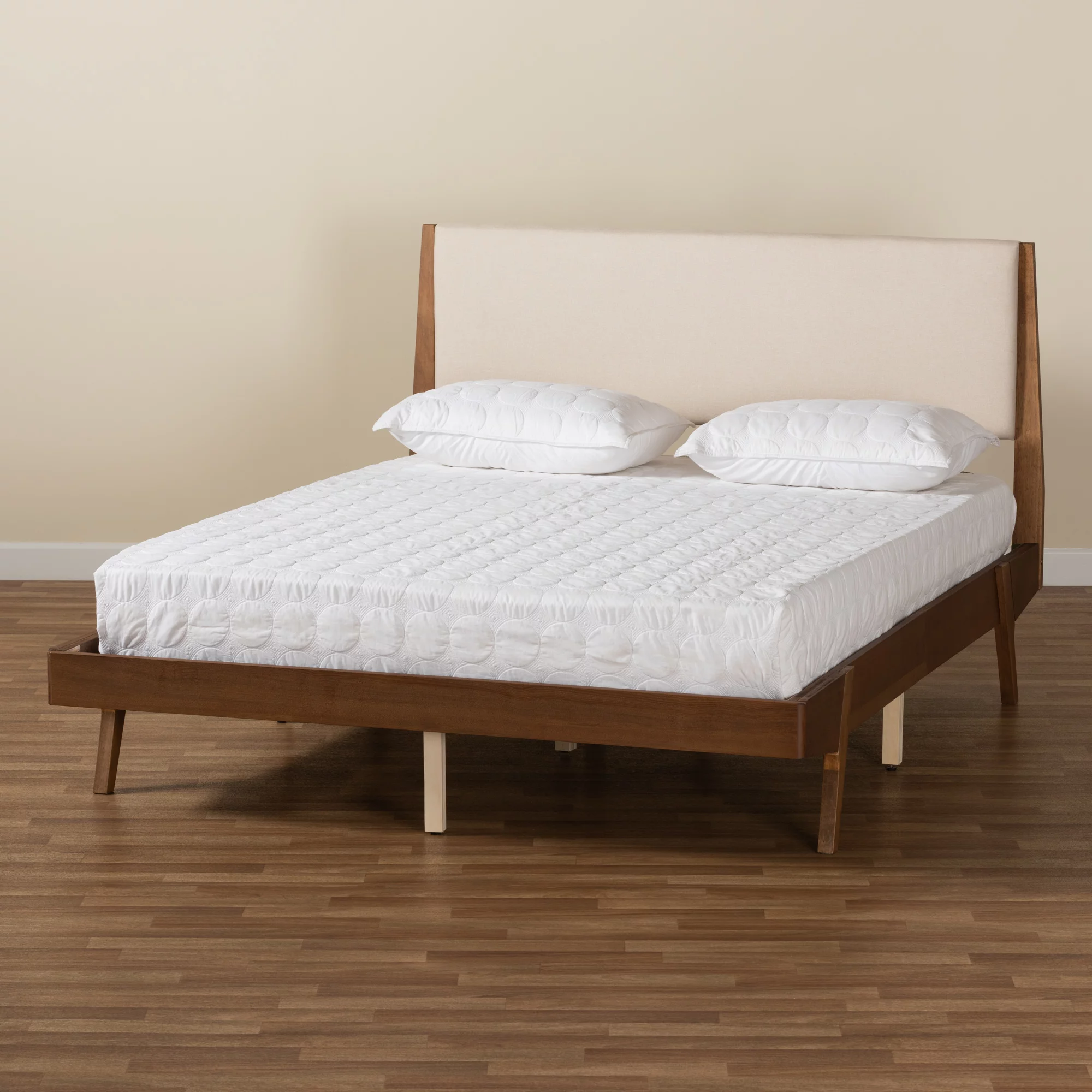 Baxton Studio Sennae Mid-Century Modern Beige Fabric Upholstered and Walnut Brown Finished Wood Queen Size Platform Bed - Womvr