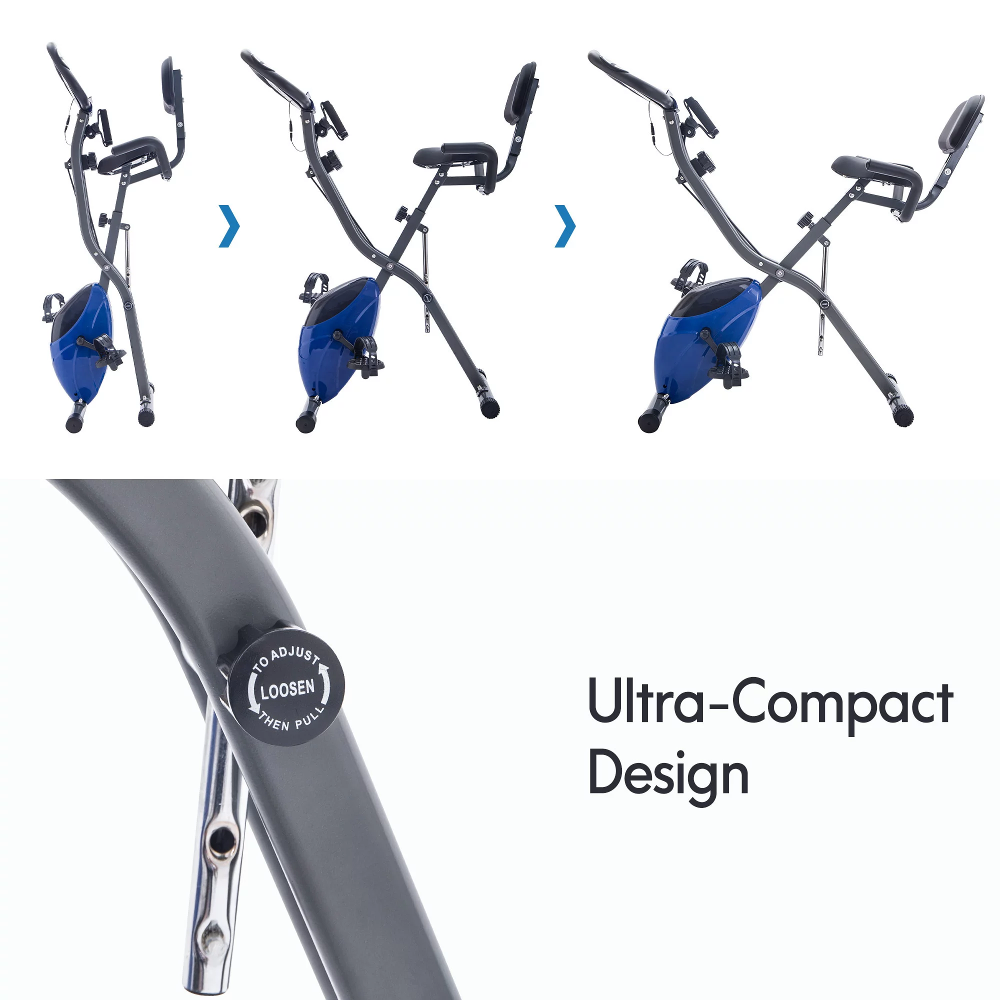 Folding Exercise Bike, Fitness Upright and Recumbent X-Bike with 10-Level Adjustable Resistance, Arm Bands and Backrest - Womvr