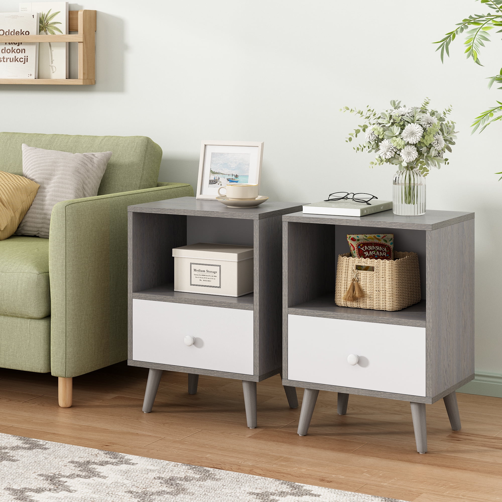 JAXPETY Nightstands Set of 2, Night Stand with 1 Drawer and Open Shelf Storage, End Table, Side Table, for Bedroom, Living Room, Natural Wood & White - Womvr