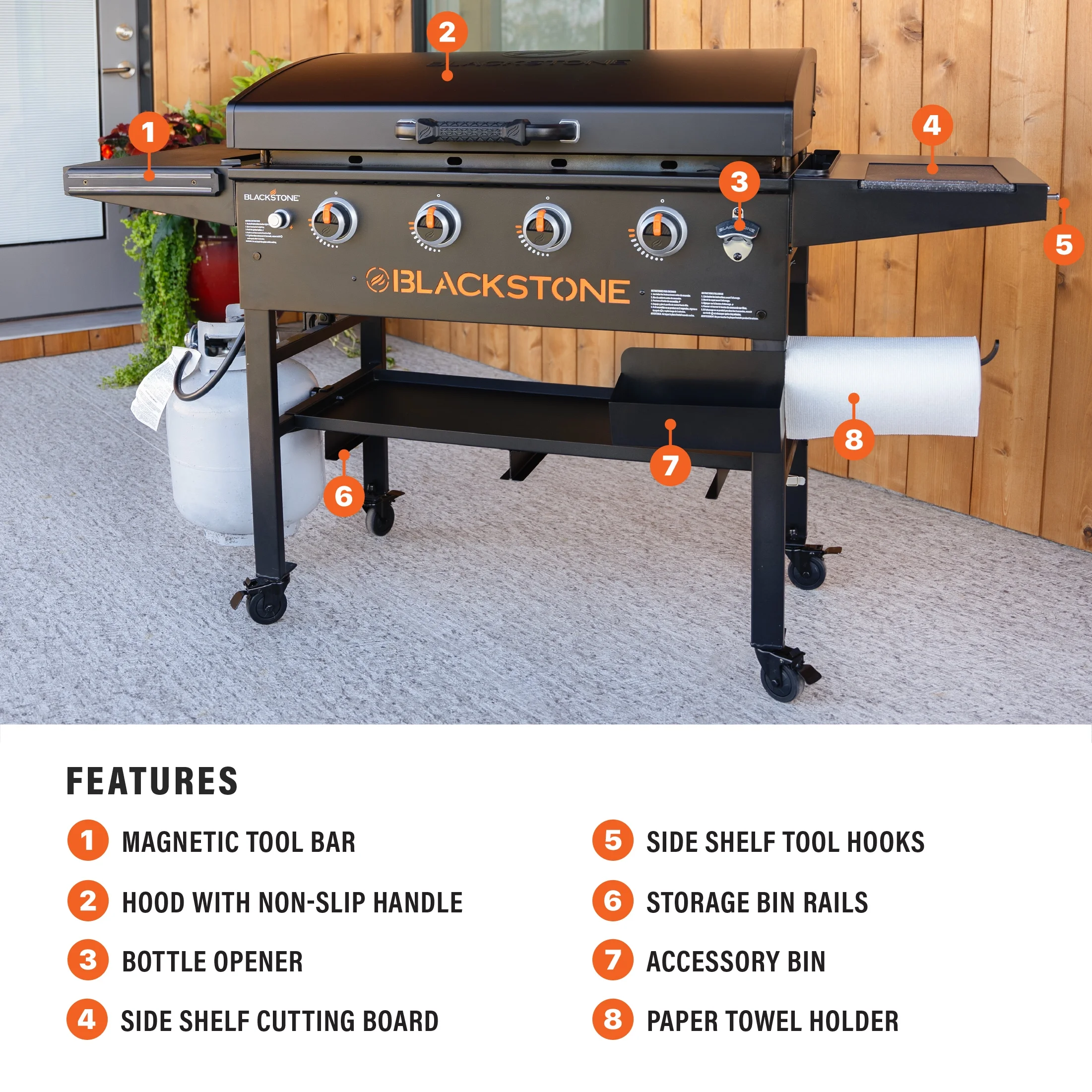 Blackstone Original 4-Burner 36” Propane Griddle with Hood and Omnivore Griddle Plate - Womvr