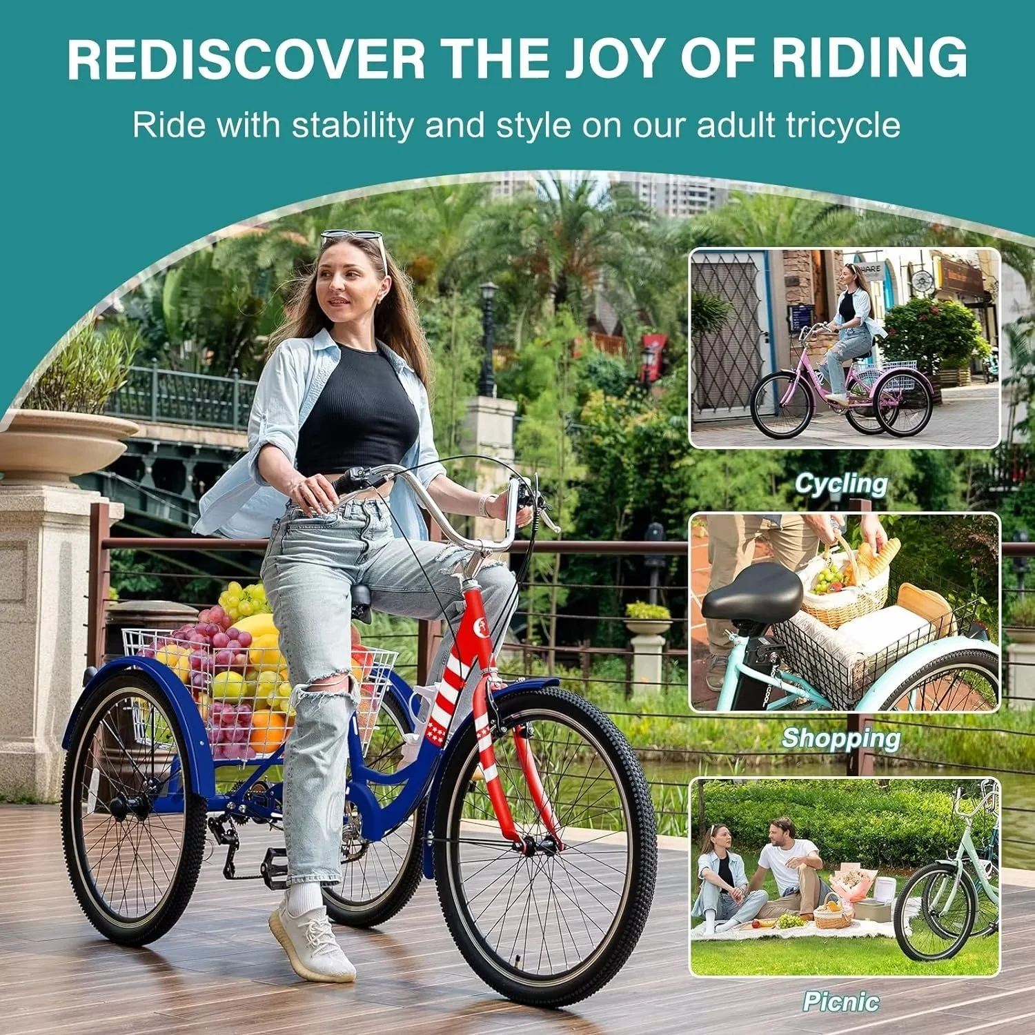 MOPHOTO 7 Speed Adult Tricycle 26 in/24in/20in, Trikes for Adults, Adult Tricycle with Basket & Dual Braking System, Adult Trikes for Women, Men, 3 Wheeled Bicycle for Shopping, Picnics Exercise - Womvr