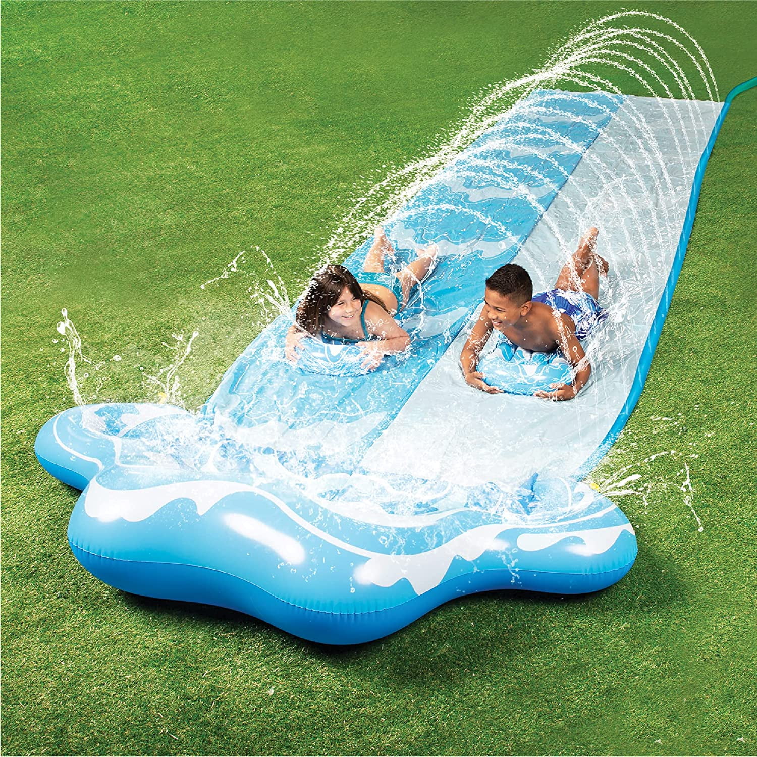 Lavinya 20ft Slip and Slide Blue Wave Water Slides with 2 Boogie Boards & 2 Sliding Racing Lanes Backyard Waterslide with Sprinklers Fun Summer Toy 20ft x 62in - Womvr