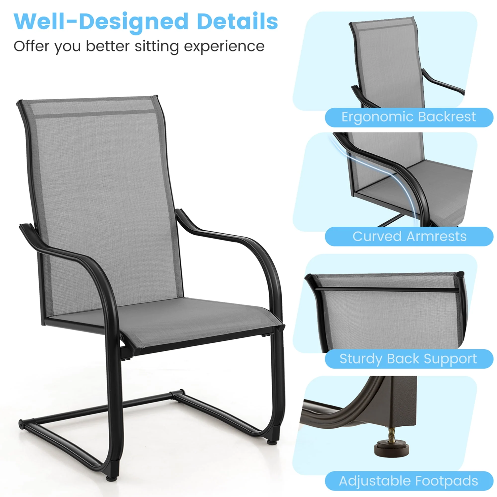 Costway 2pcs C-Spring Motion Patio Dining Chairs All Weather Heavy Duty Outdoor Black - Womvr