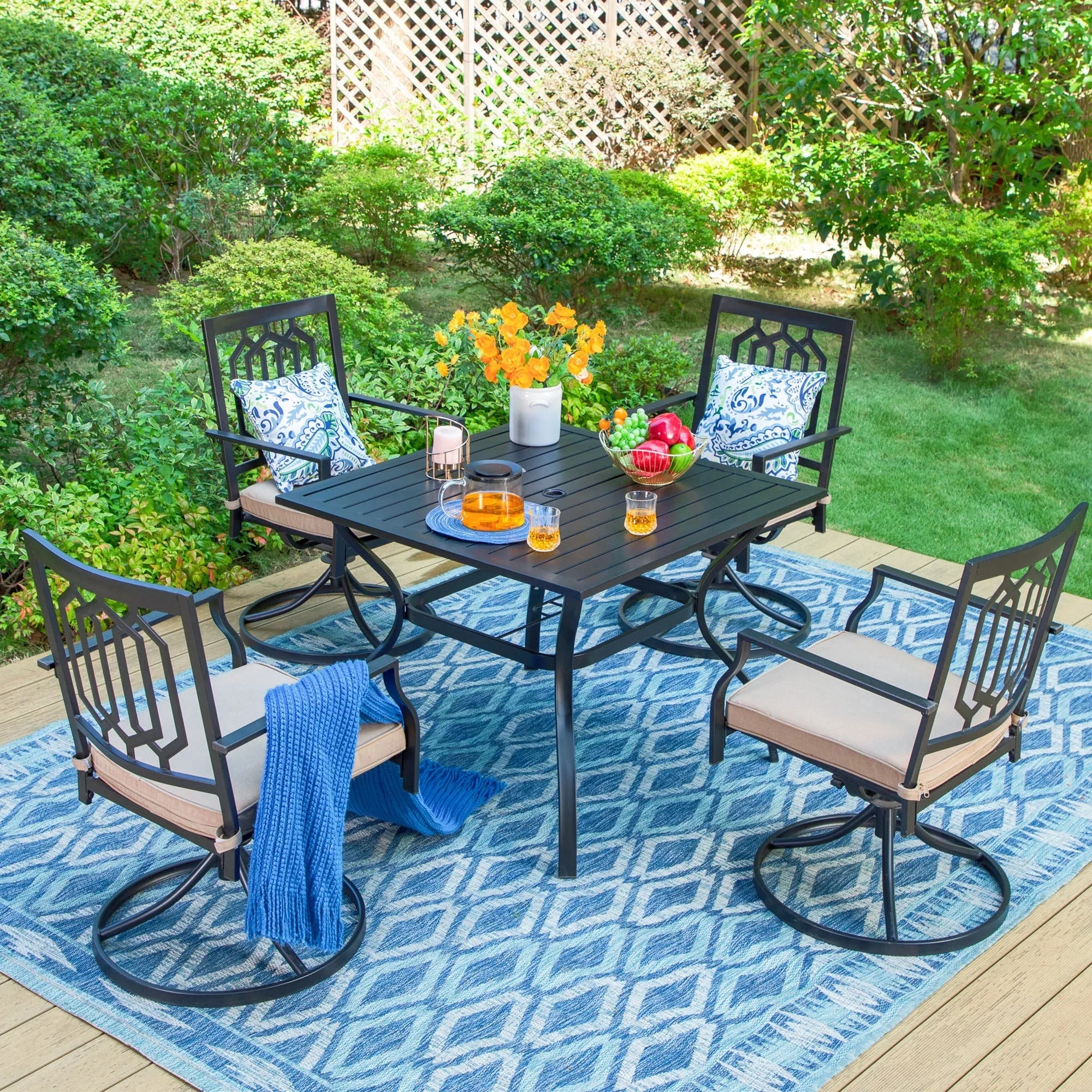 MF Studio 5-Piece Outdoor Patio Dining Set, Swivel Cushioned Chairs with Steel Frame for 4-Person, Black&Beige - Womvr