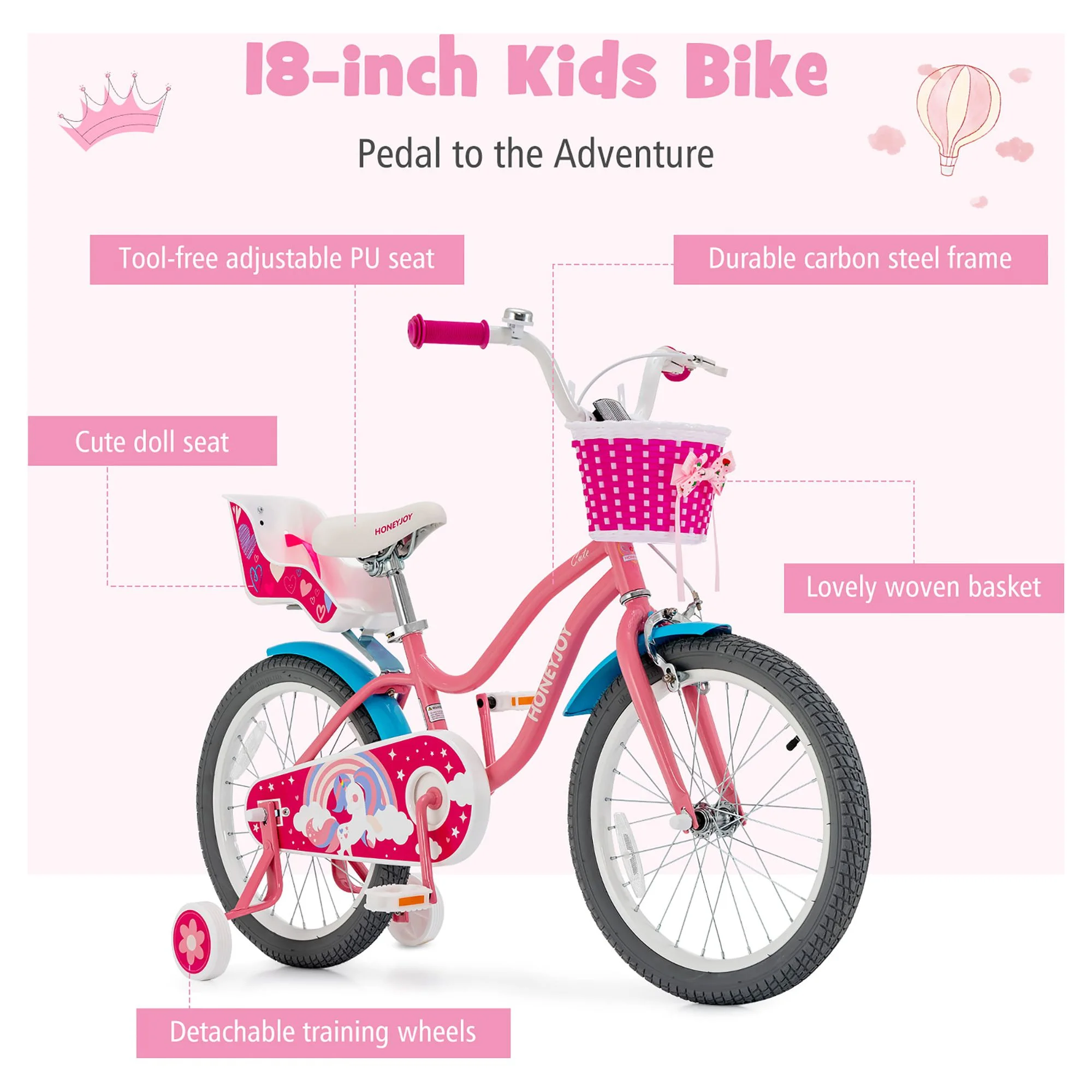 Honeyjoy 18 Inches Kids Bicycle with Training Wheels & Basket for Boys & Girls Age 5-9 Years - Womvr