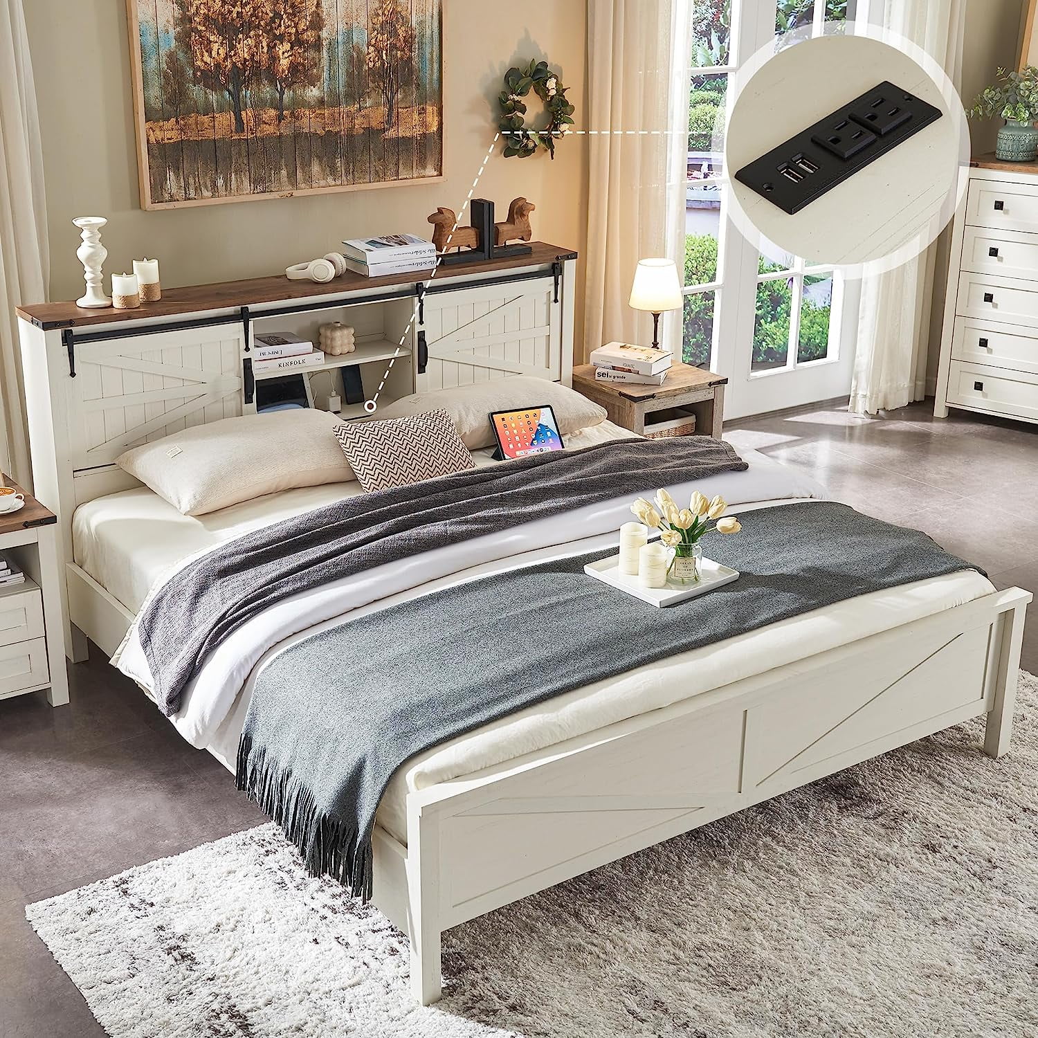 OKD Modern Farmhouse Full Platform Bed with Bookcase Headboard Storage and Charging Station, No Box Spring Needed, Anitique White Finish - Womvr