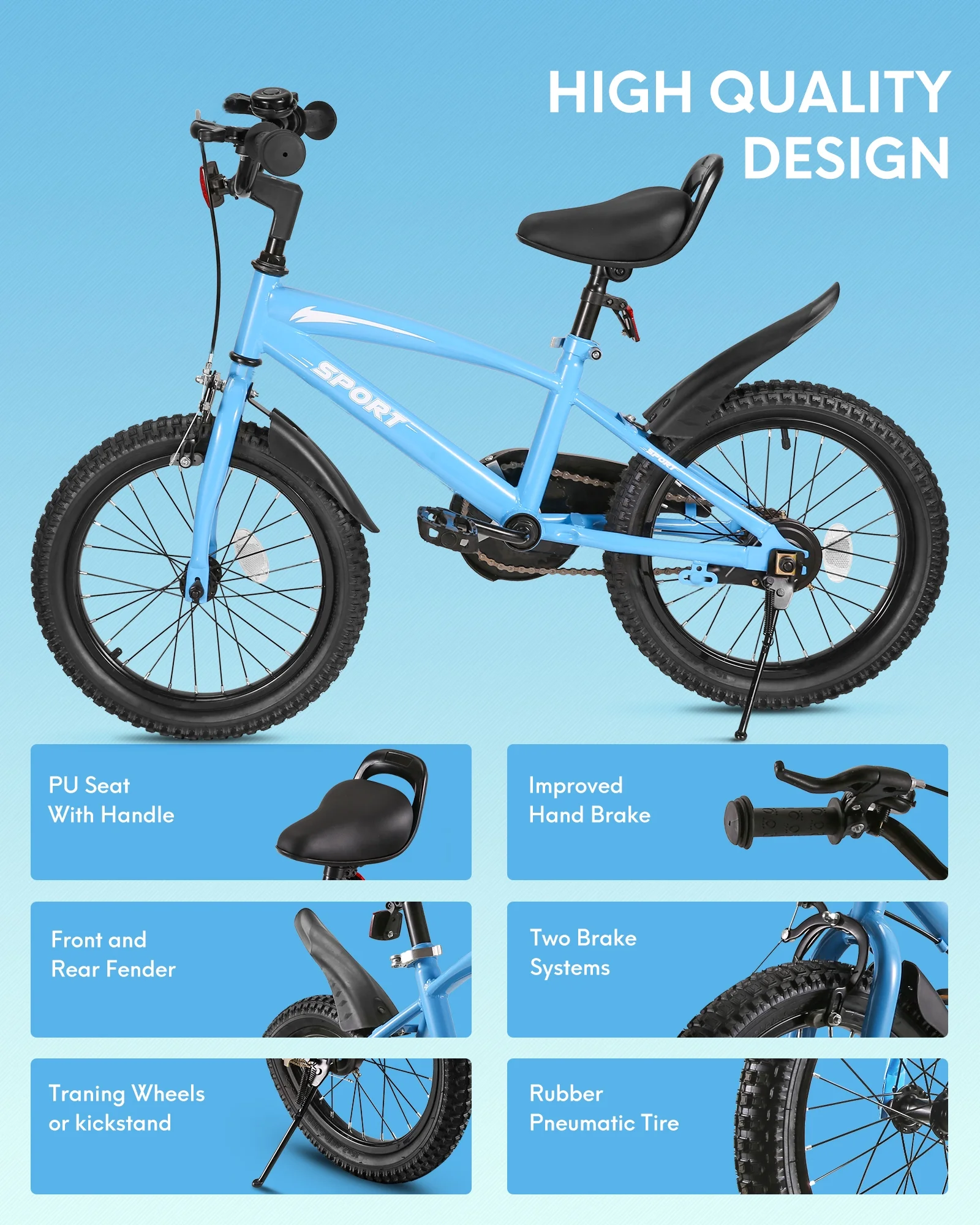 16 Inch Kids Bike Girls and Boys Blue Kid Bicycle for Age 4-8 Years Old with Kickstand & Training Wheels - Womvr