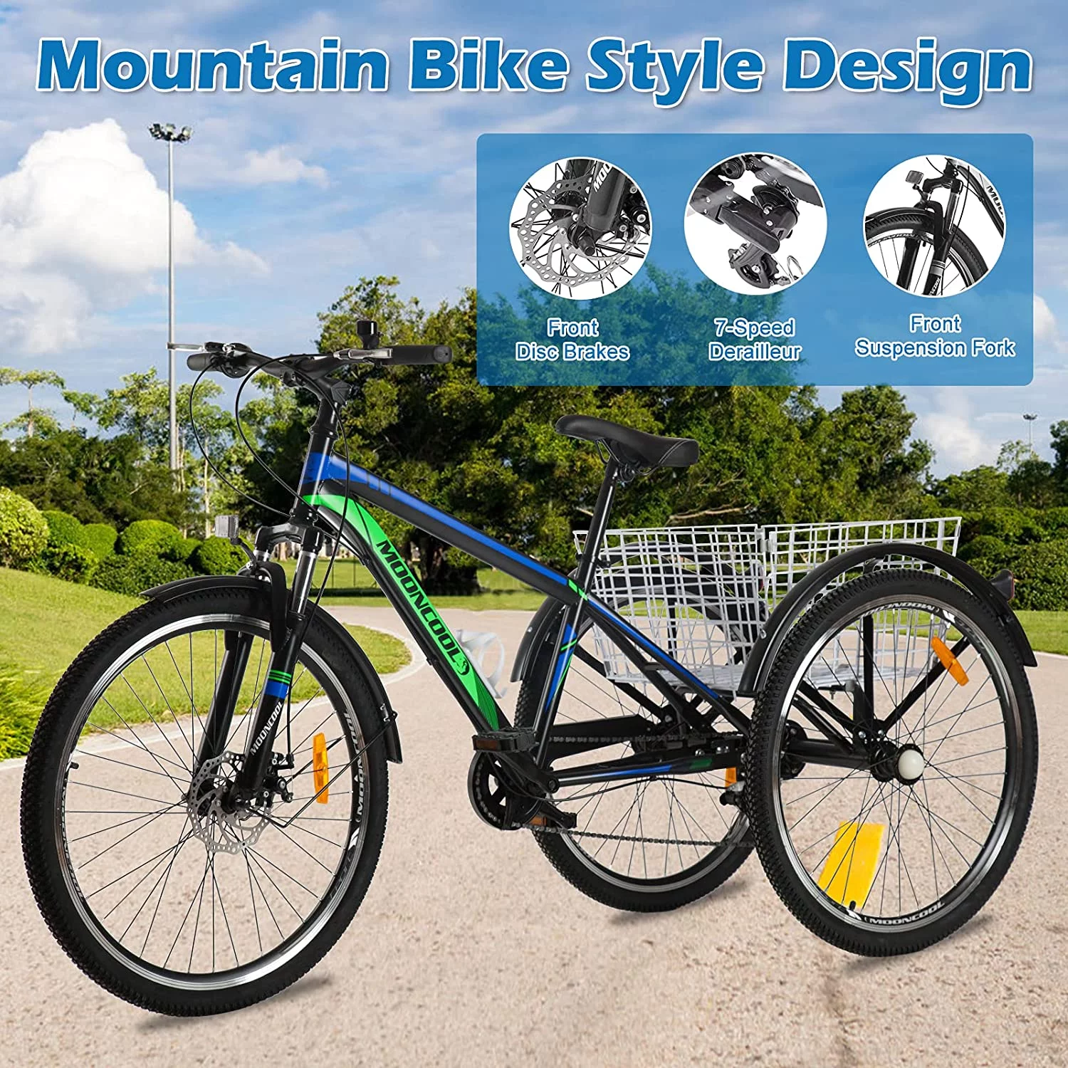 Docred Adult Tricycle, 7 Speed Three Wheel Mountain Bike, 24/26/27.5 inch Adults Trikes ,Load capacity 420 lbs - Womvr