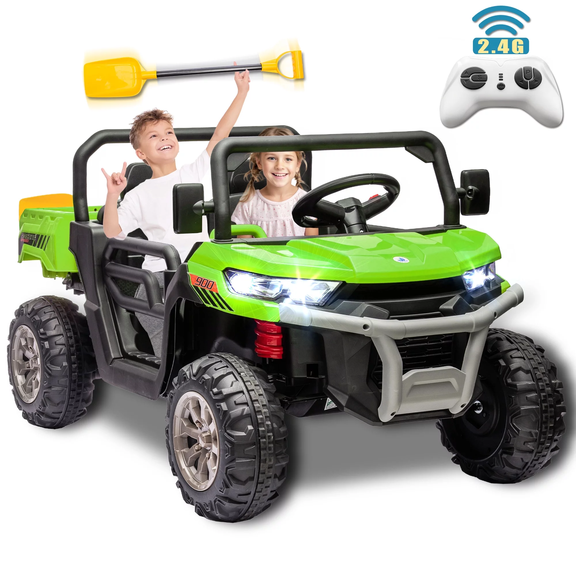 24V 2 Seater Kids Ride on Car Truck, Ride on UTV with 2x200W Motor Ride on Dump Truck, Ride on Car with Dump Bed/Shovel, Electric Vehicle with Non-Slip Tyre, LED Light, Music, Remote Control, Red - Womvr