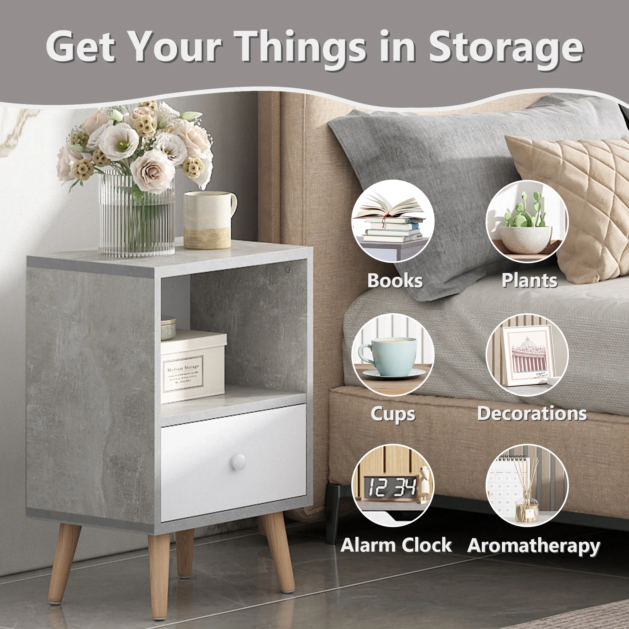 JAXPETY Nightstands Set of 2, Night Stand with 1 Drawer and Open Shelf Storage, End Table, Side Table, for Bedroom, Living Room, Natural Wood & White - Womvr