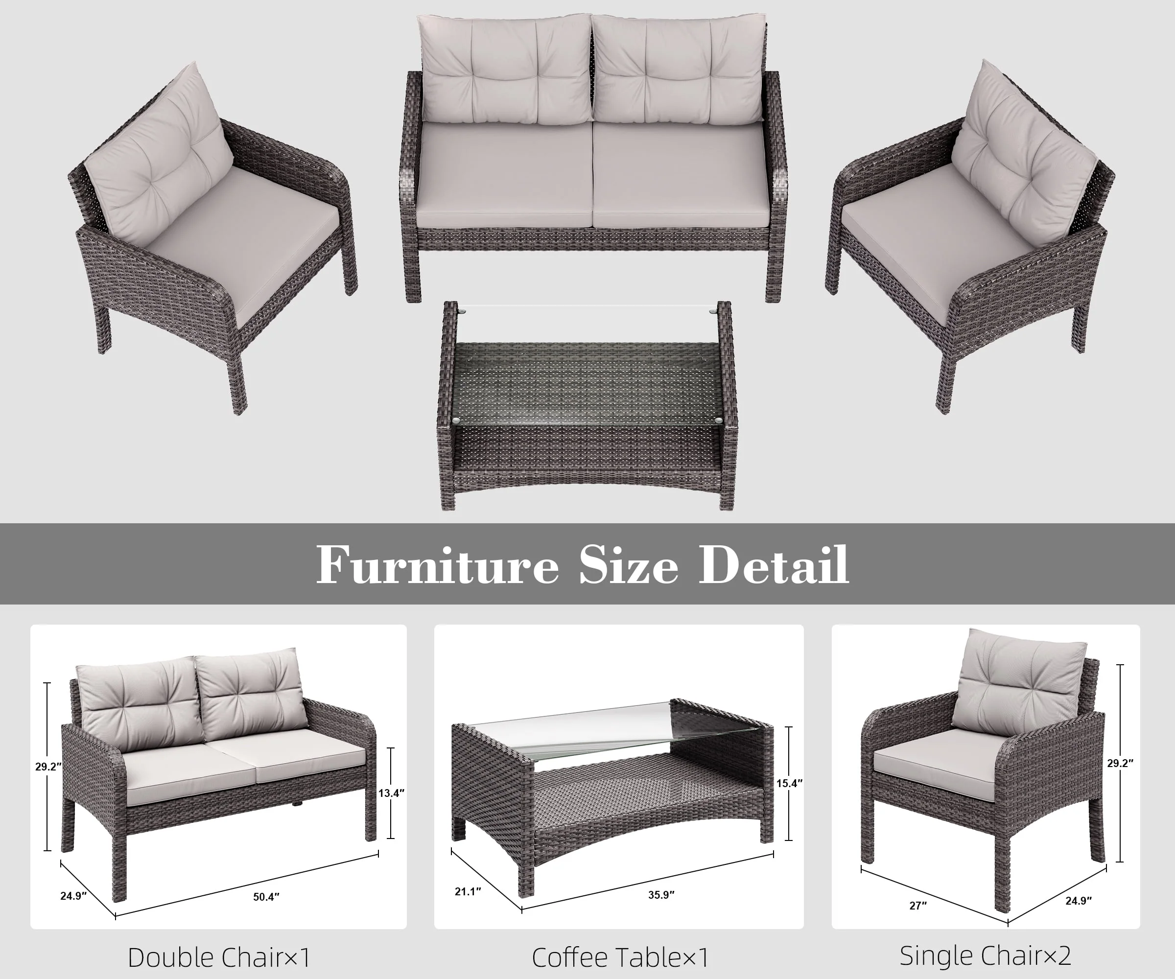 Bifanuo 4-Piece Patio Furniture Set Outdoor Rattan Wicker Sofa Set with Cushions & Coffee Table, Conversation Sofa Set with Tempered Glass Table Top - Womvr