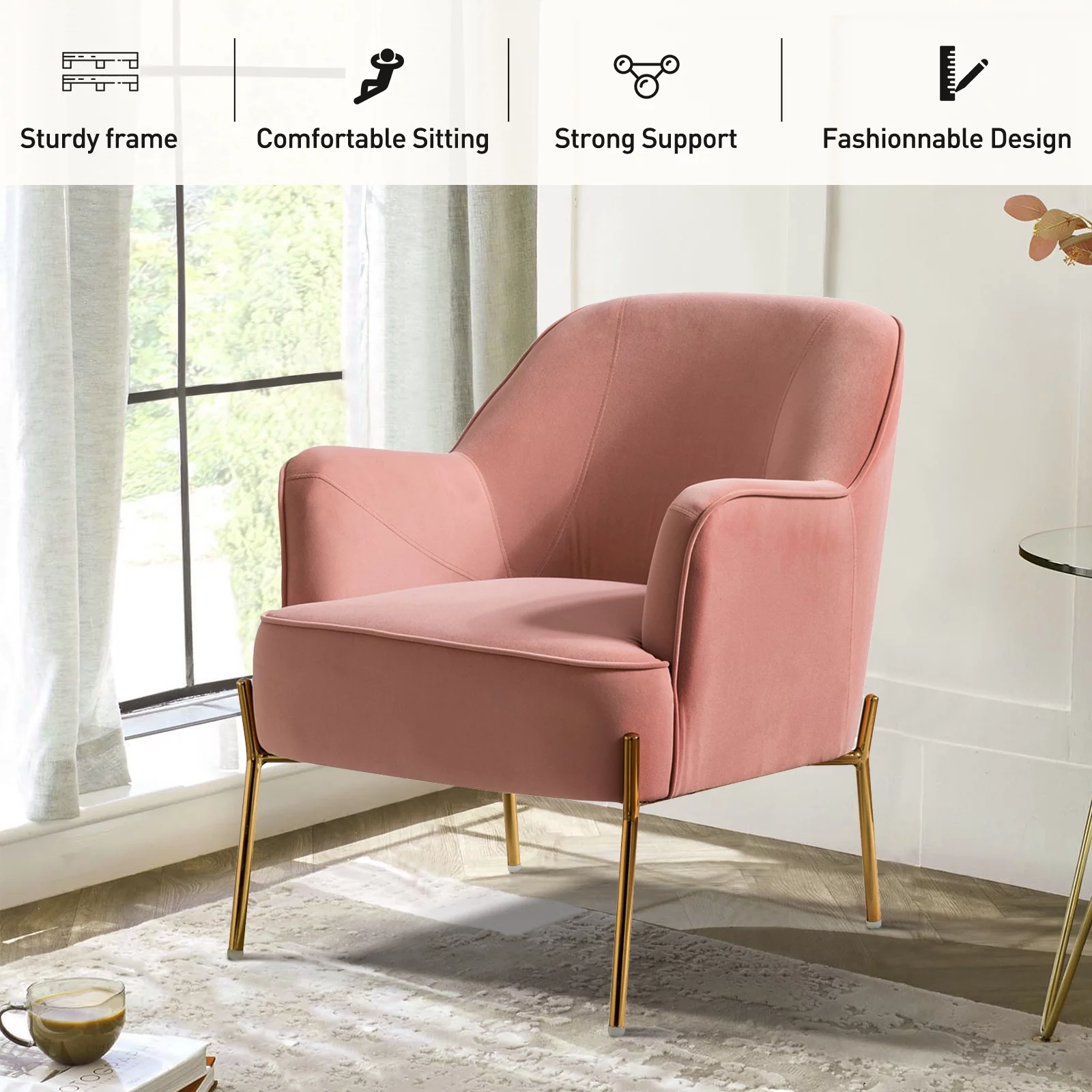 Velvet Upholstered Accent Chair Metal Legs Curved Backrest Lounge Home Armchair Bedroom Adult Pink - Womvr