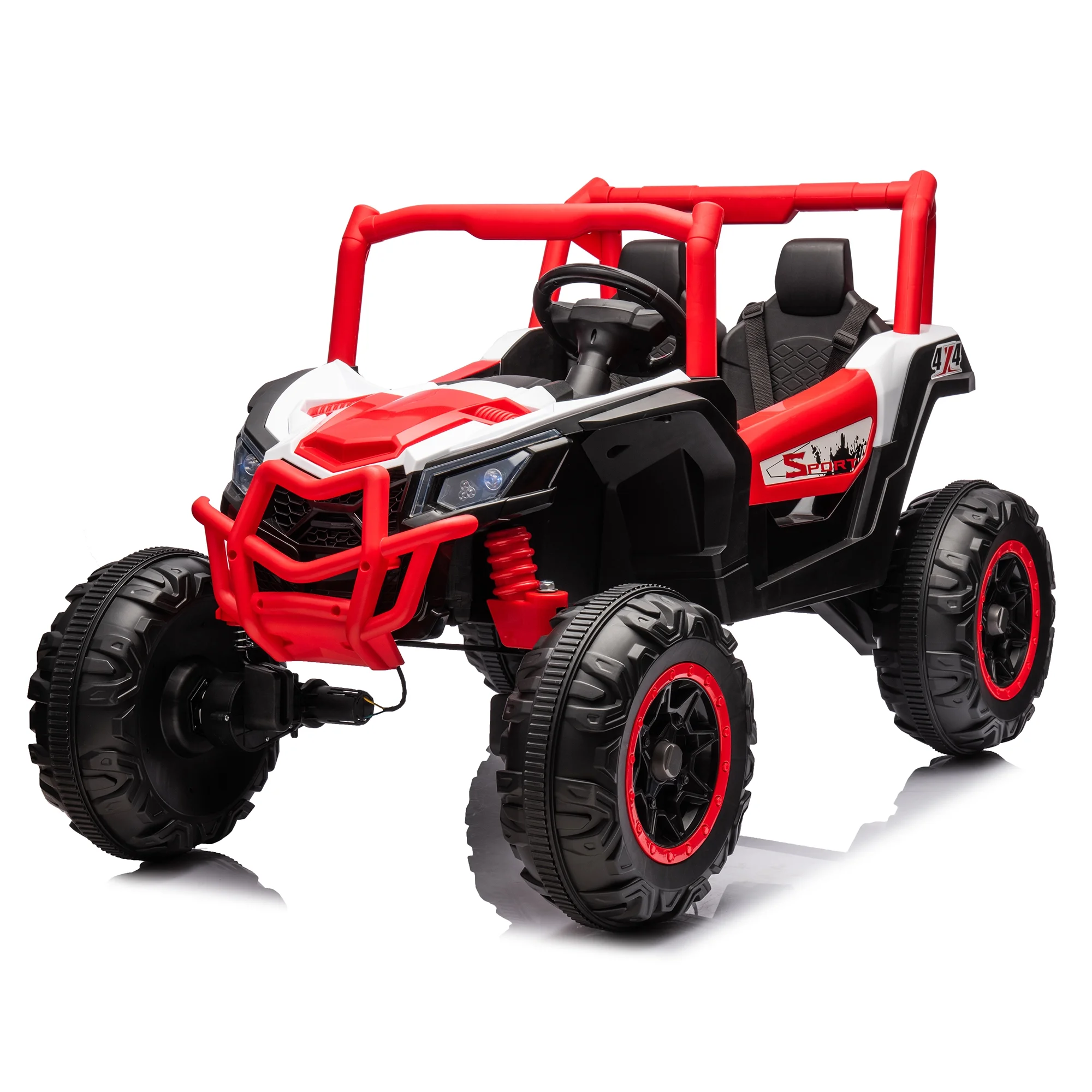 24V 2 Seater XXL UTV Ride On Car for Kids, 4WD/2WD Switchable Kids Electric Vehicle with 2 Safety Belts, Music, Remote Control, 24V Ride On Car with High Low Speed for Boys Girls (Red) - Womvr