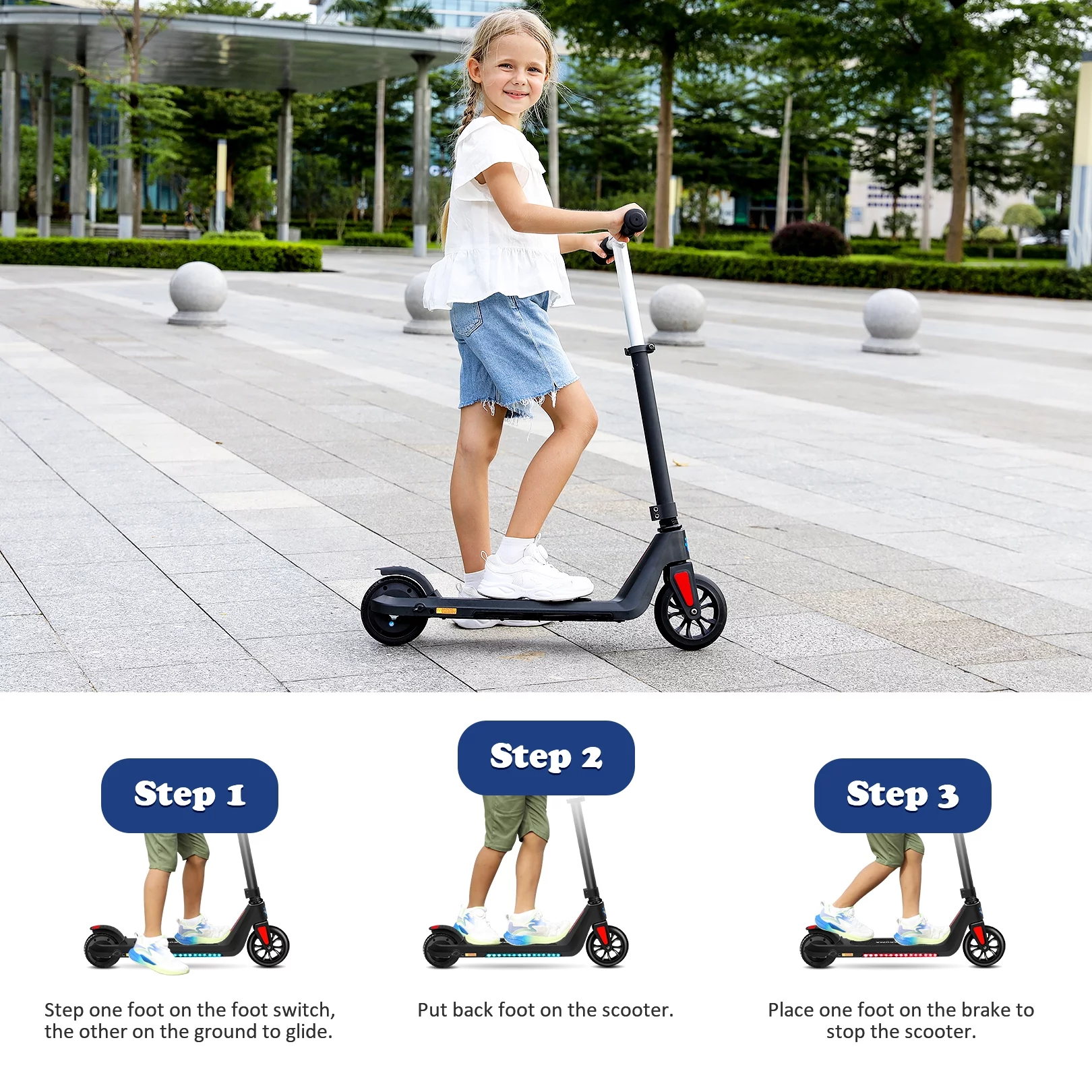Caroma Kids Electric Scooter, 6+ Boys and Girls Safe Kick Scooter, Adjustable Speed and Handlebar - Womvr