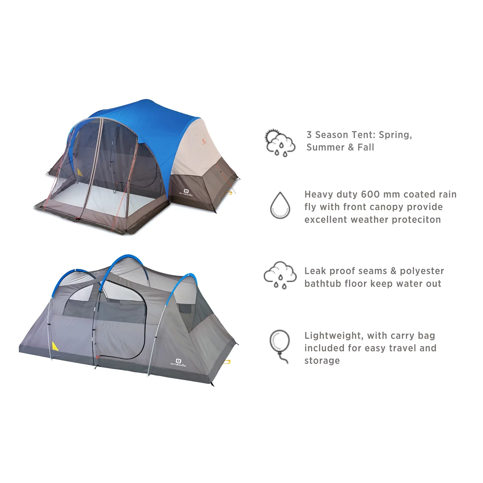 Outbound 8 Person 3 Season Easy Up Dome Tent with Room Divider & Rainfly - Womvr