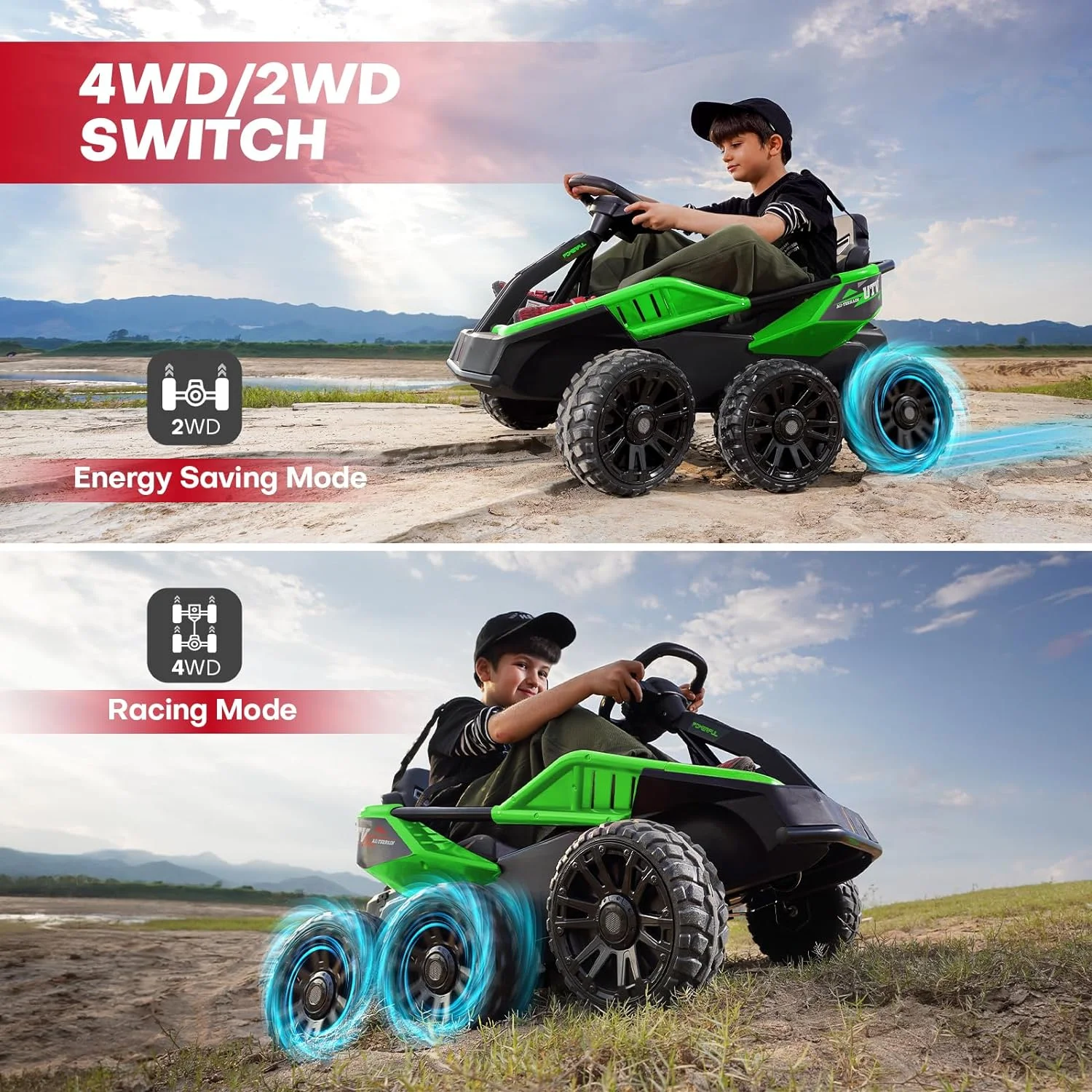 Teoayeah 24V Ride on Toys for Kids Ages 3-10, 2WD/4WD Switch, 4x75W Powerful Electric Car, 4 Shock Absorbers, Parent Remote, Music Player - Green - Womvr