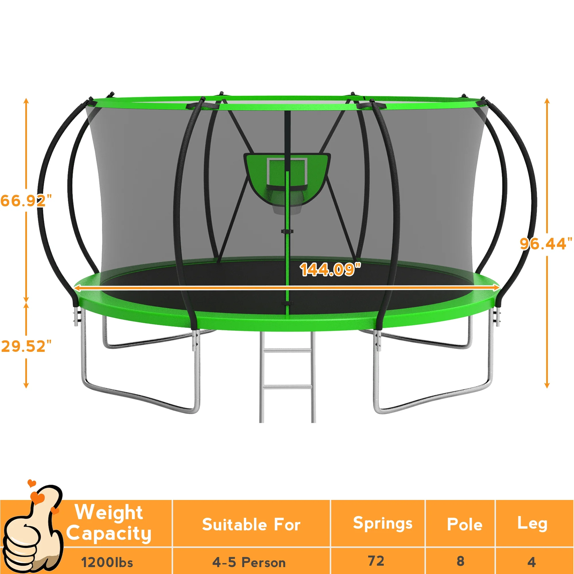 KOFUN Trampoline with Basketball Hoop & Light, 1500lbs 10FT 12FT 14FT 16FT Trampoline for Adults and Kids, No Gap Design Backyard Trampoline with Enclosure Net, Ladder, Green - Womvr